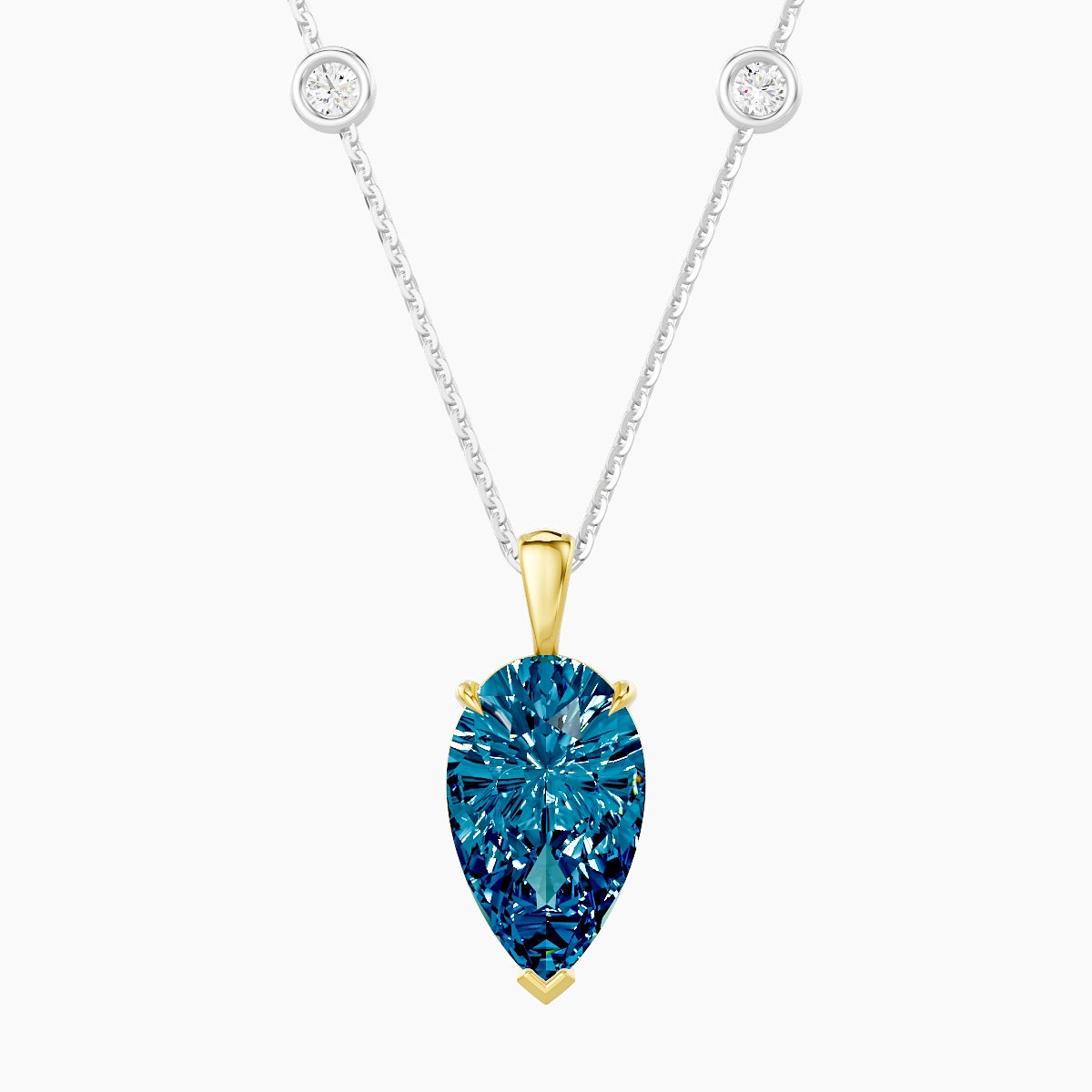 Hanging Solitaire with Sautoir | 18k White & Yellow Gold 3 ct Blue Lab Diamond Pear Pendant