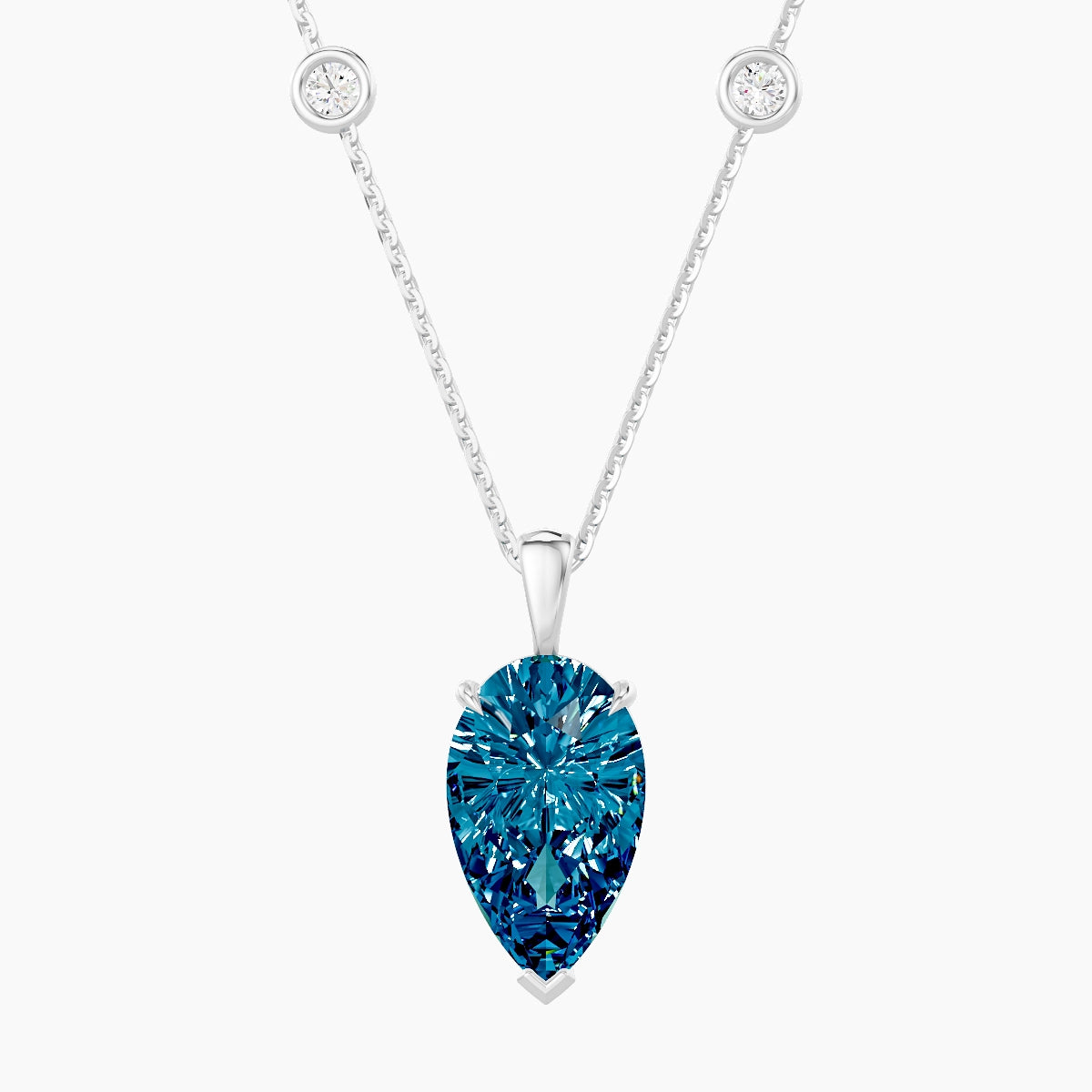 Hanging Solitaire with Sautoir | 18k White Gold 3 ct Blue Lab Diamond Pear Pendant