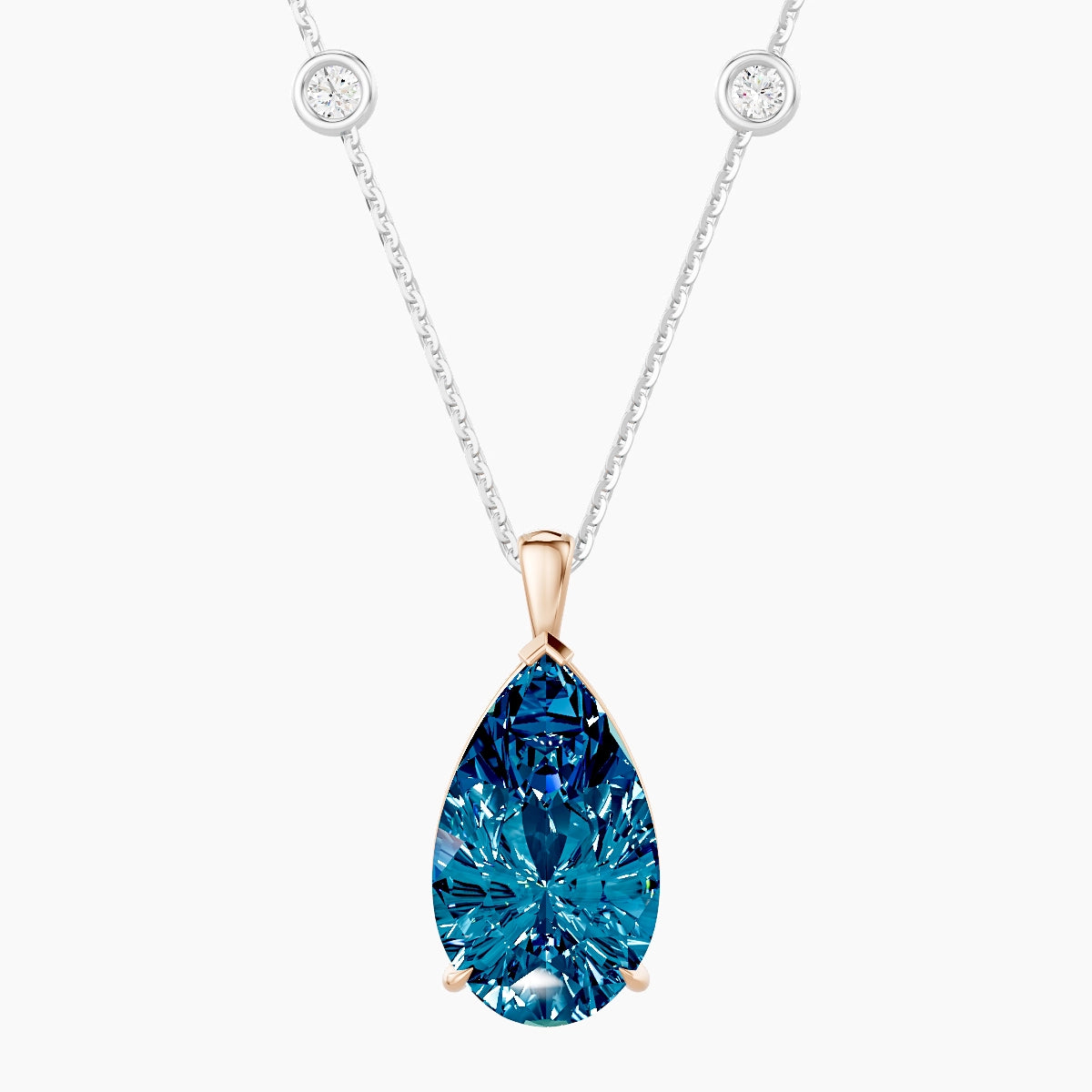 Hanging Solitaire with Sautoir | 18k White & Rose Gold 5 ct Blue Lab Diamond Pear Pendant