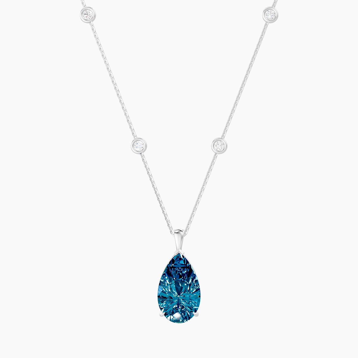 Hanging Solitaire with Sautoir | 18k White Gold 5 ct Blue Lab Diamond Pear Pendant