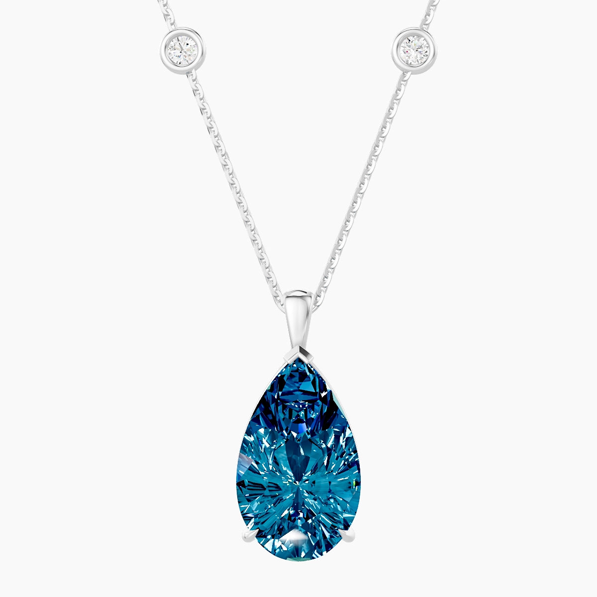 Hanging Solitaire with Sautoir | 18k White Gold 5 ct Blue Lab Diamond Pear Pendant