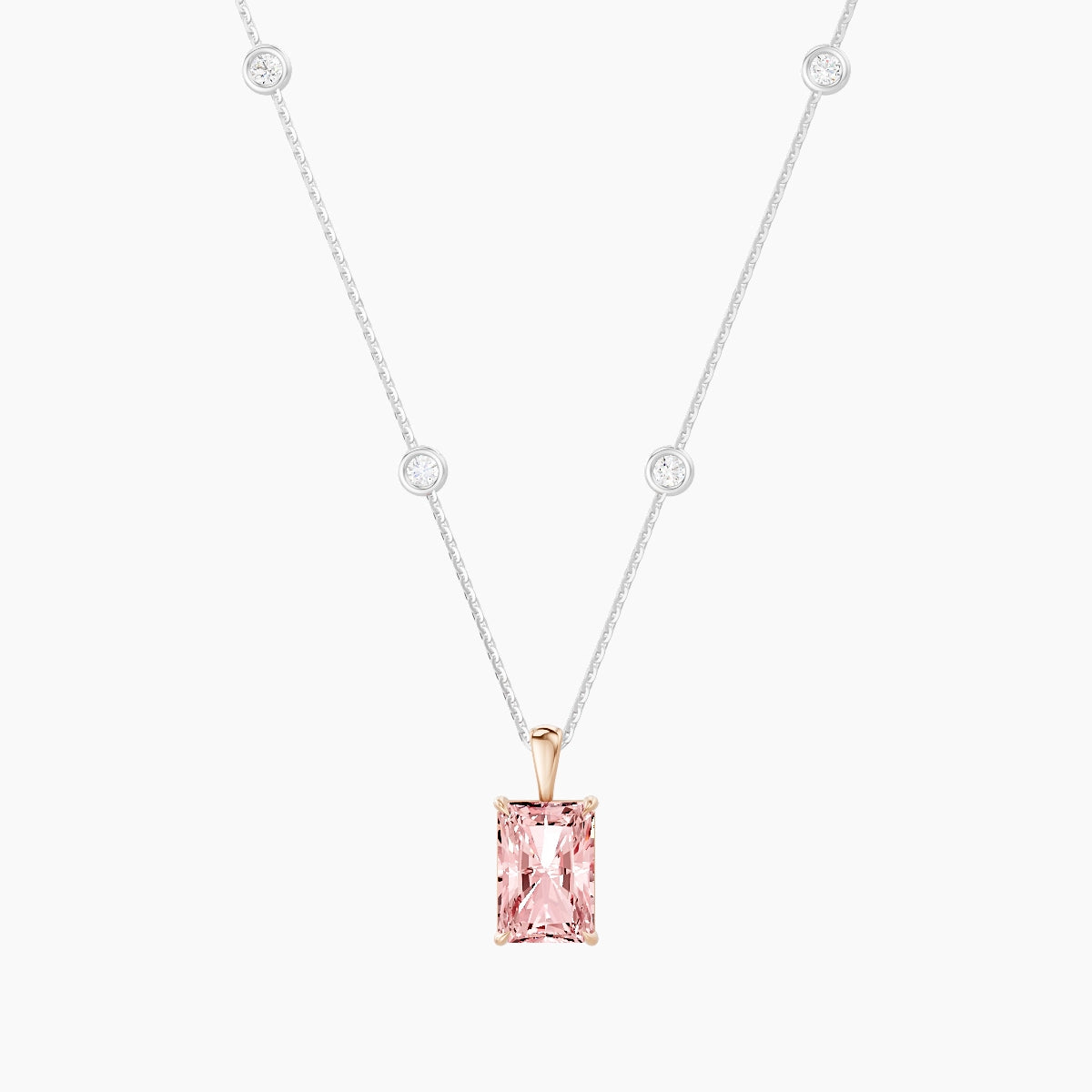 Hanging Solitaire with Sautoir | 18k White & Rose Gold 3 ct Pink Lab Diamond Radiant Pendant