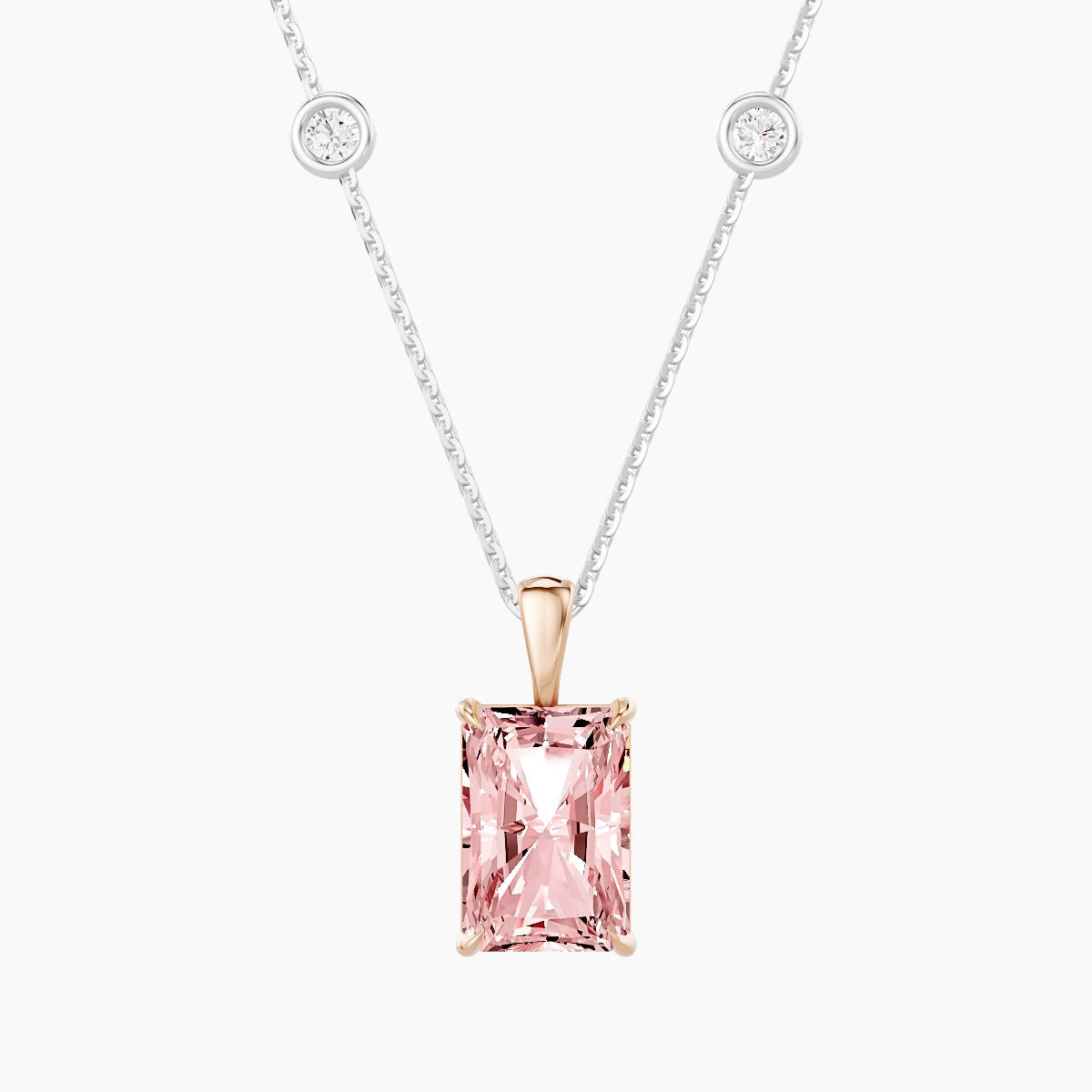 Hanging Solitaire with Sautoir | 18k White & Rose Gold 3 ct Pink Lab Diamond Radiant Pendant