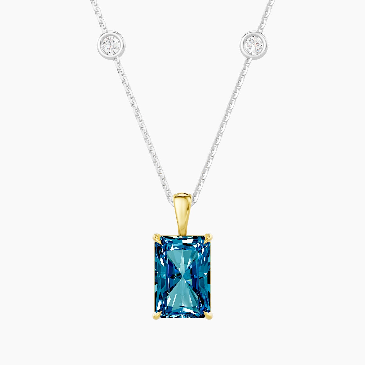 Hanging Solitaire with Sautoir | 18k White & Yellow Gold 3 ct Blue Lab Diamond Radiant Pendant