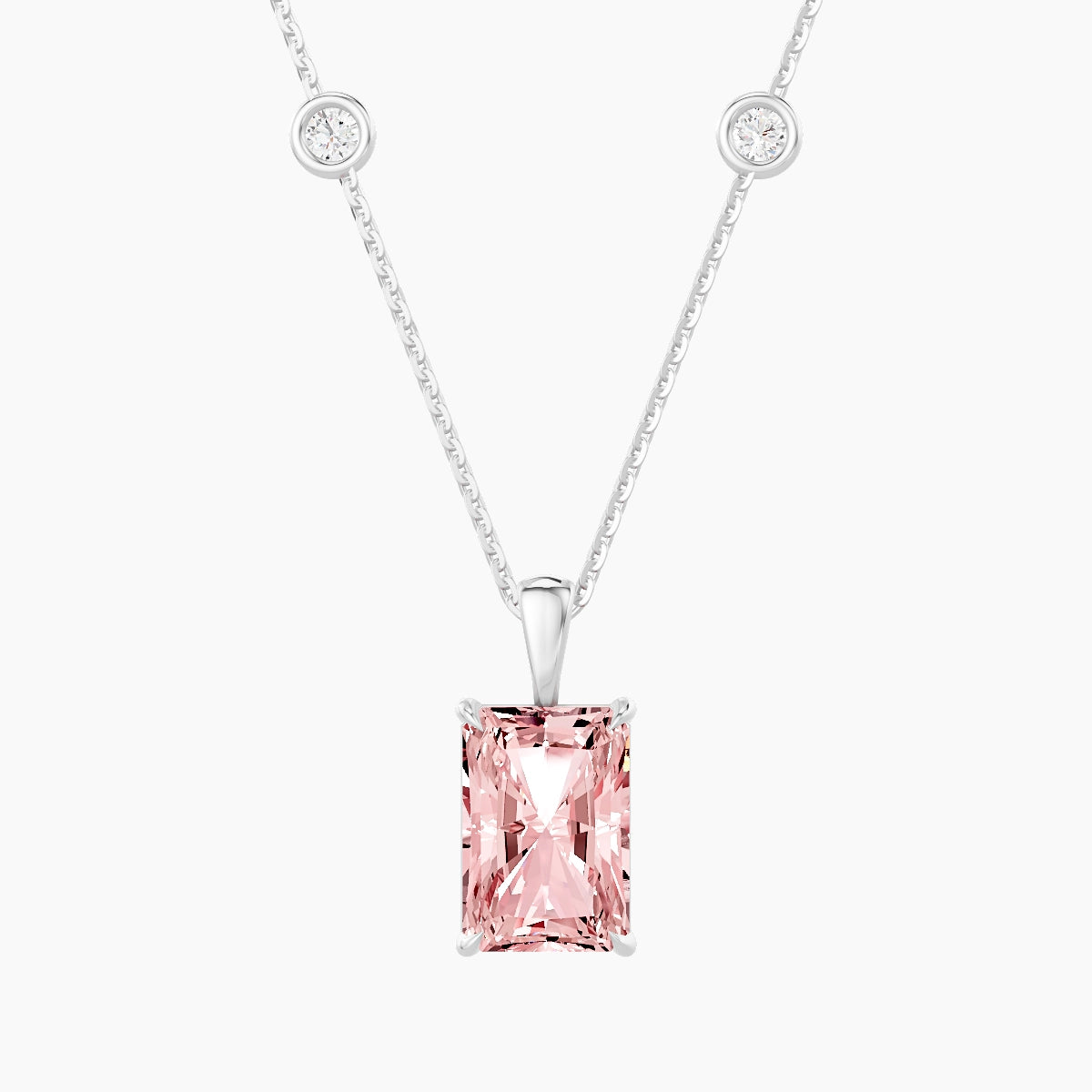 Hanging Solitaire with Sautoir | 18k White Gold 3 ct Pink Lab Diamond Radiant Pendant