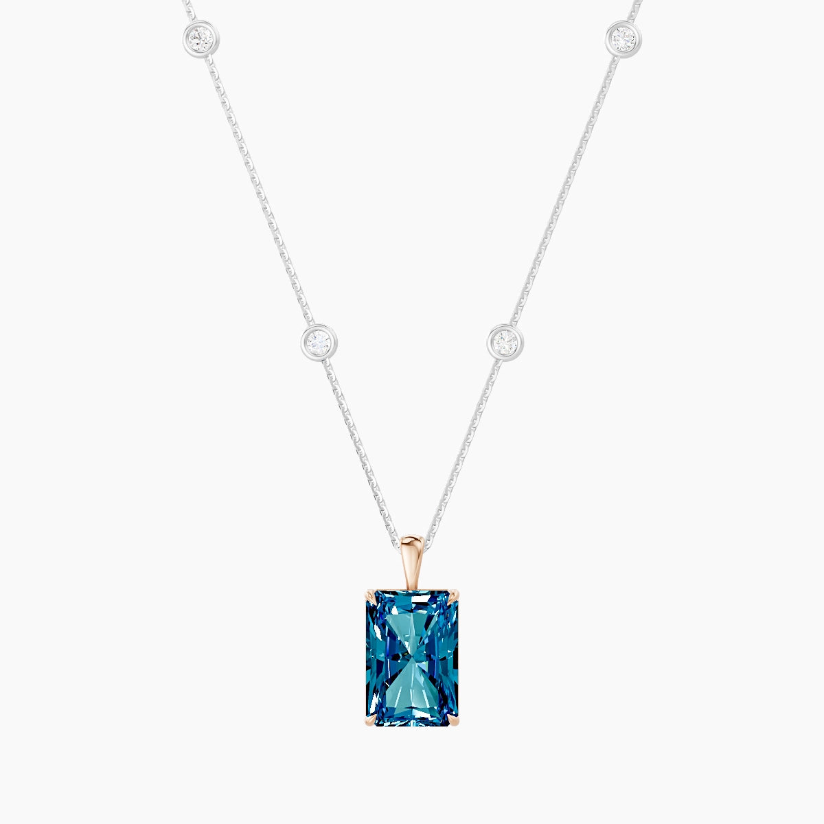Hanging Solitaire with Sautoir | 18k White & Rose Gold 5 ct Blue Lab Diamond Radiant Pendant