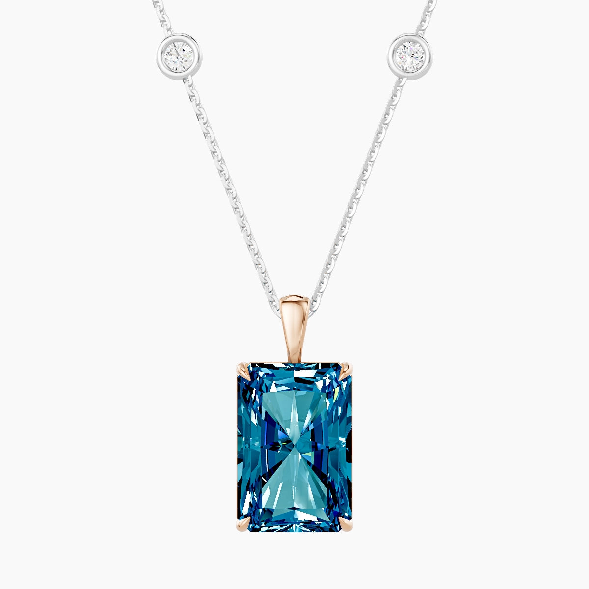 Hanging Solitaire with Sautoir | 18k White & Rose Gold 5 ct Blue Lab Diamond Radiant Pendant
