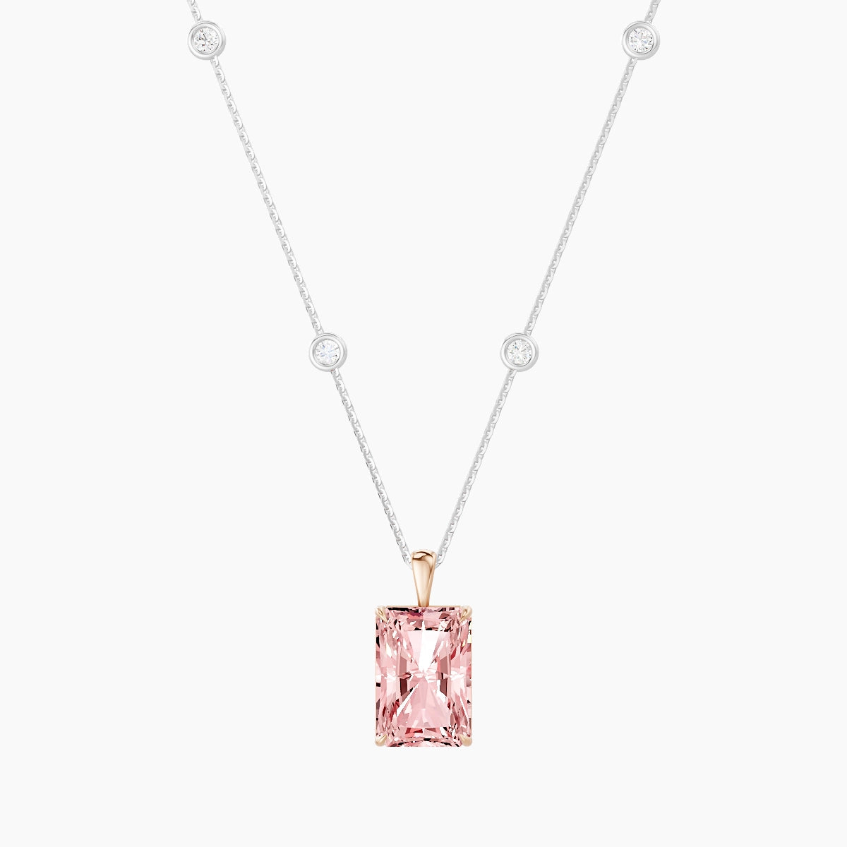 Hanging Solitaire with Sautoir | 18k White & Rose Gold 5 ct Pink Lab Diamond Radiant Pendant