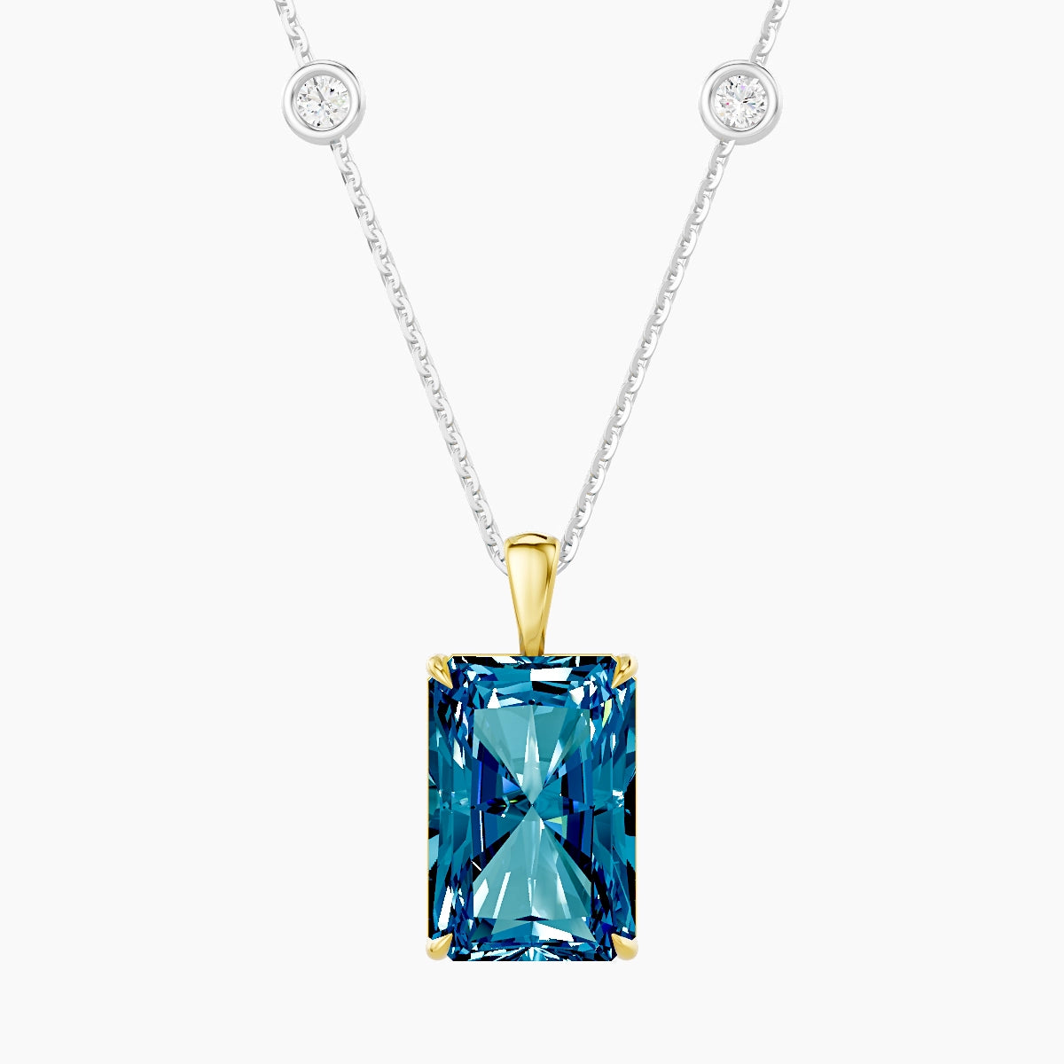 Hanging Solitaire with Sautoir | 18k White & Yellow Gold 5 ct Blue Lab Diamond Radiant Pendant