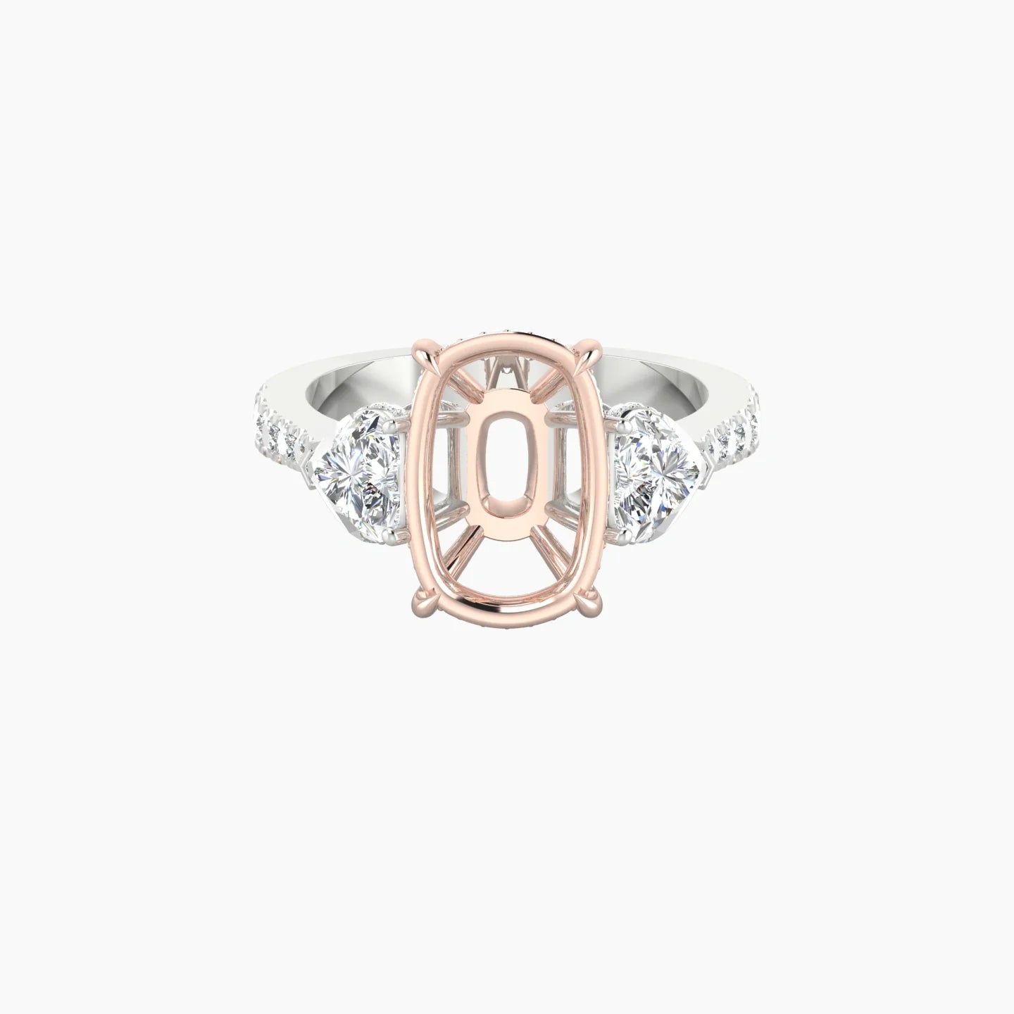 Heart Trilogy with Reverse Shank | 18k White & Rose Gold 5-7.99 ct Cushion Cut Ring Setting