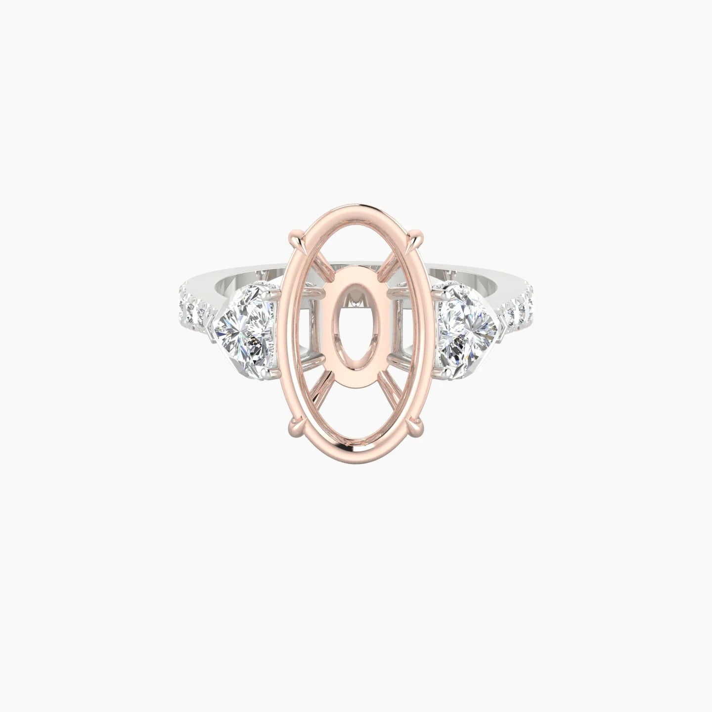 Heart Trilogy with Reverse Shank | 18k White & Rose Gold 5-7.99 ct Oval Cut Ring Setting