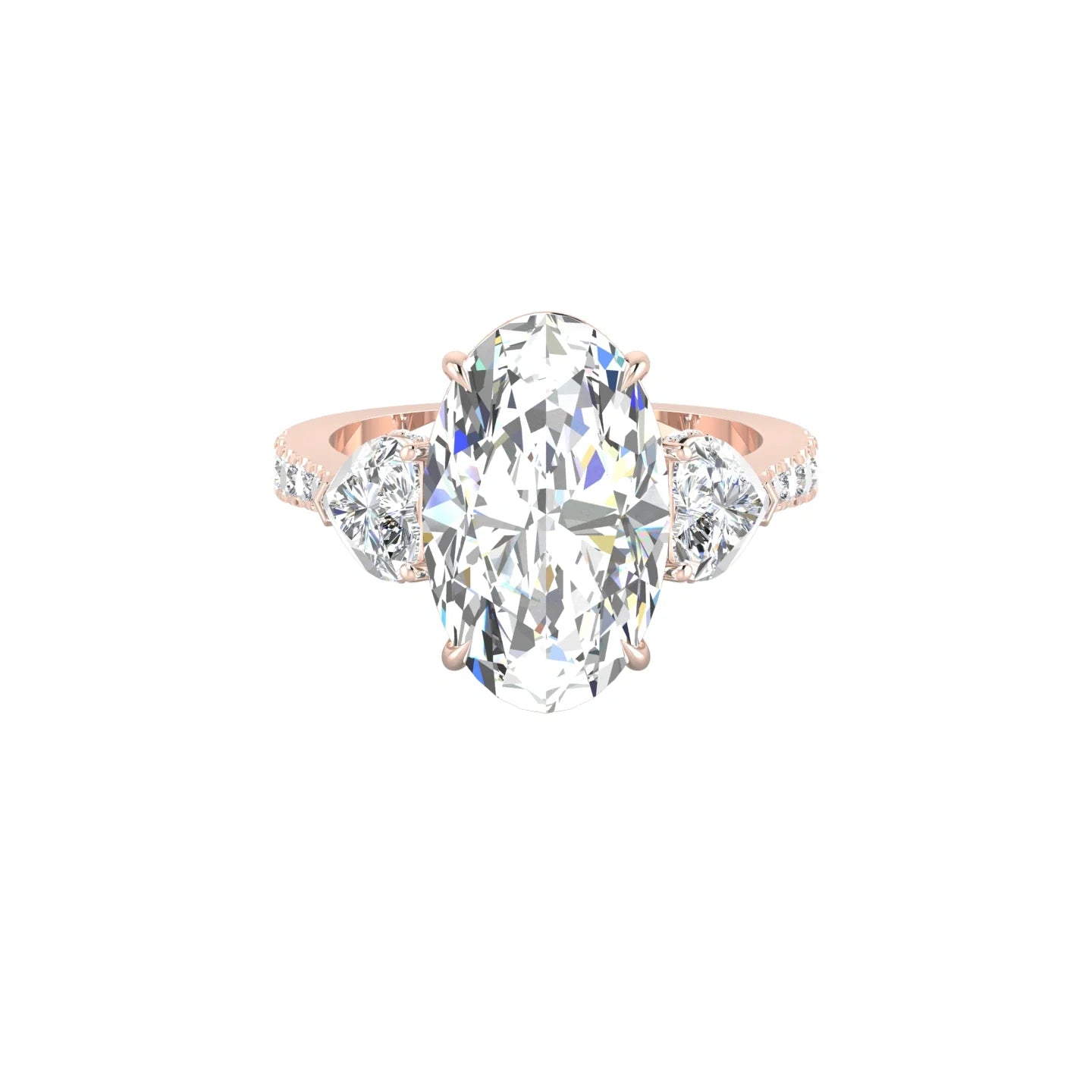 Intricate Heart Trilogy with Reverse Shank | 18k Rose Gold 5 ct Oval White Lab Diamond Ring