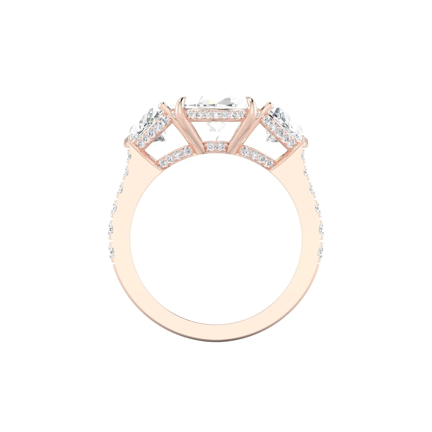 Intricate Heart Trilogy with Reverse Shank | 18k Rose Gold 5 ct Oval White Lab Diamond Ring