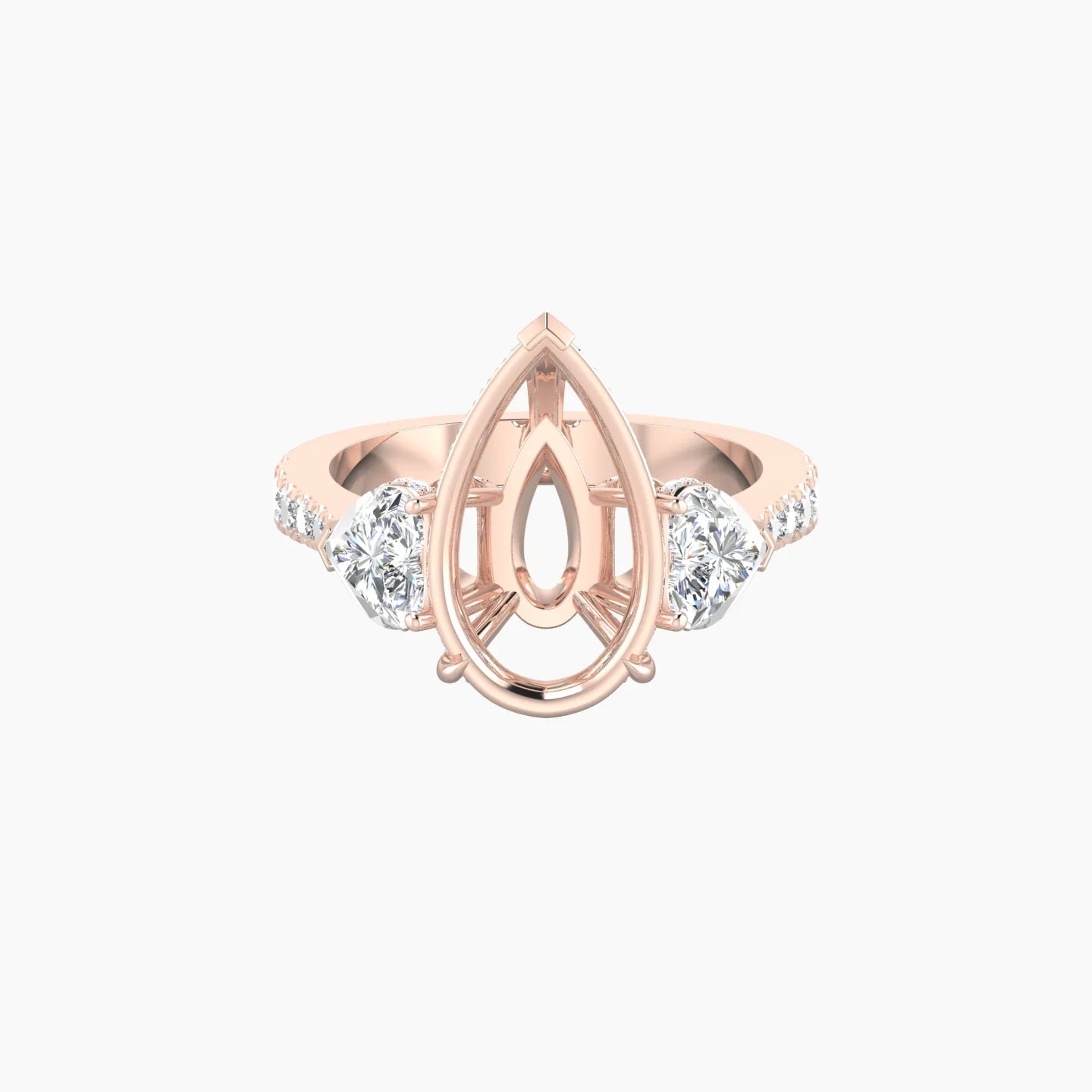 Heart Trilogy with Reverse Shank | 18k Rose Gold 5-7.99 ct Pear Cut Ring Setting