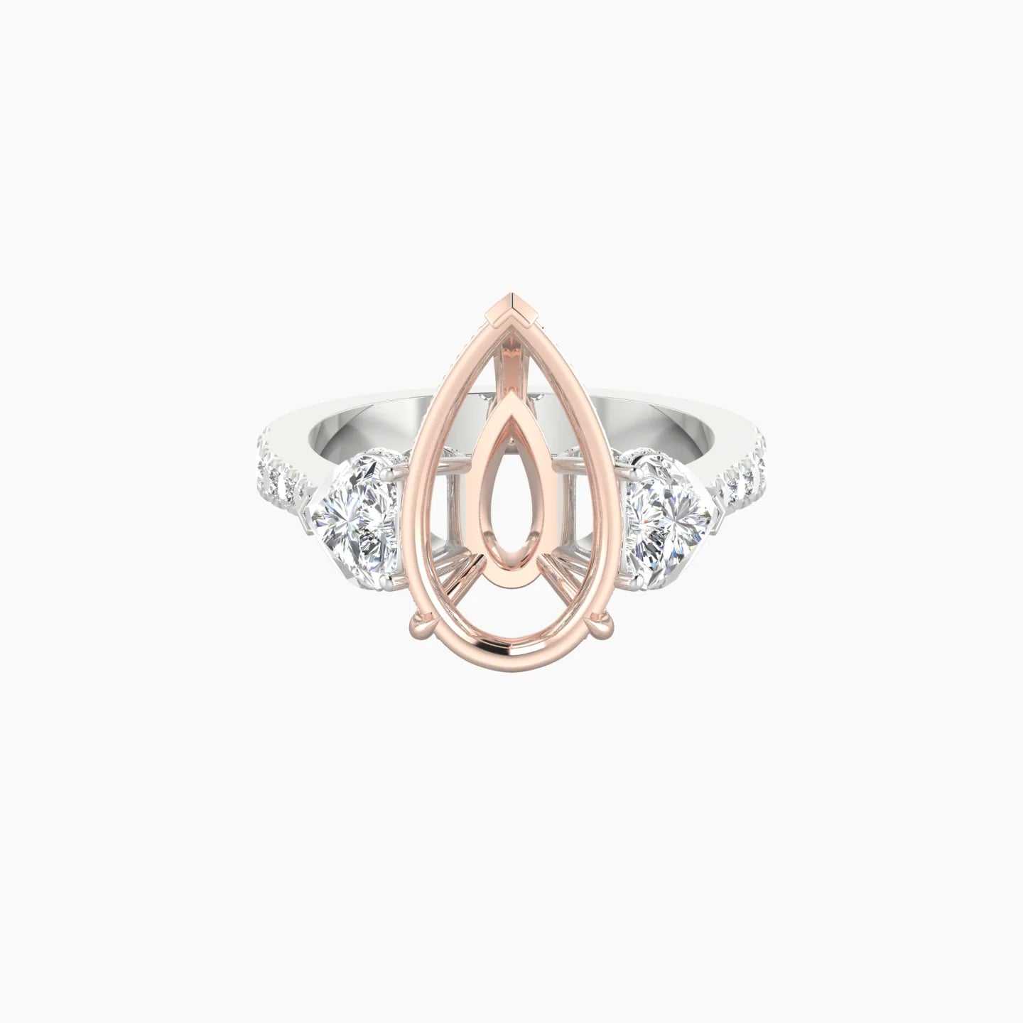 Heart Trilogy with Reverse Shank | 18k White & Rose Gold 5-7.99 ct Pear Cut Ring Setting
