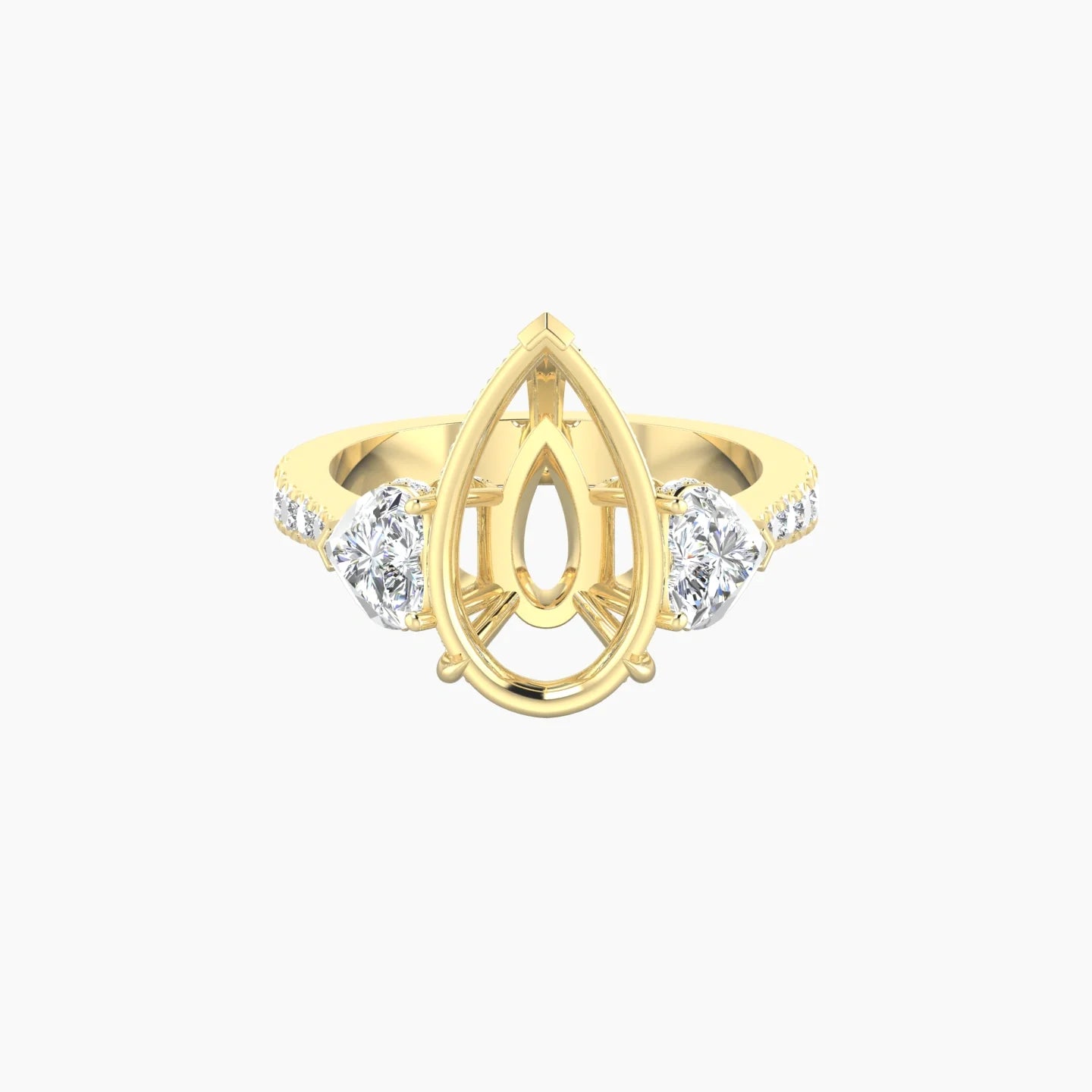 Heart Trilogy with Reverse Shank | 18k Yellow Gold 5-7.99 ct Pear Cut Ring Setting