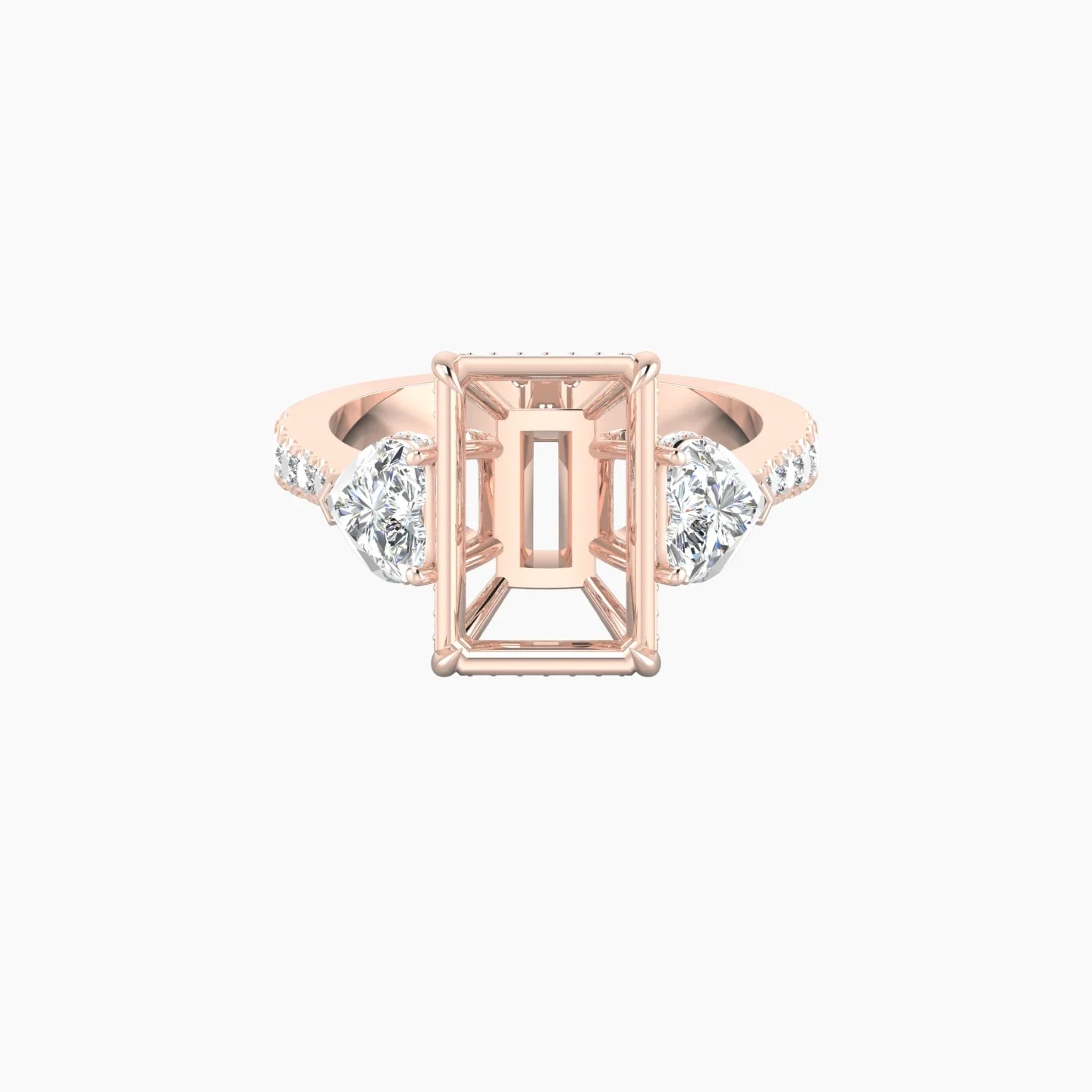 Heart Trilogy with Reverse Shank | 18k Rose Gold 5-7.99 ct Radiant Cut Ring Setting
