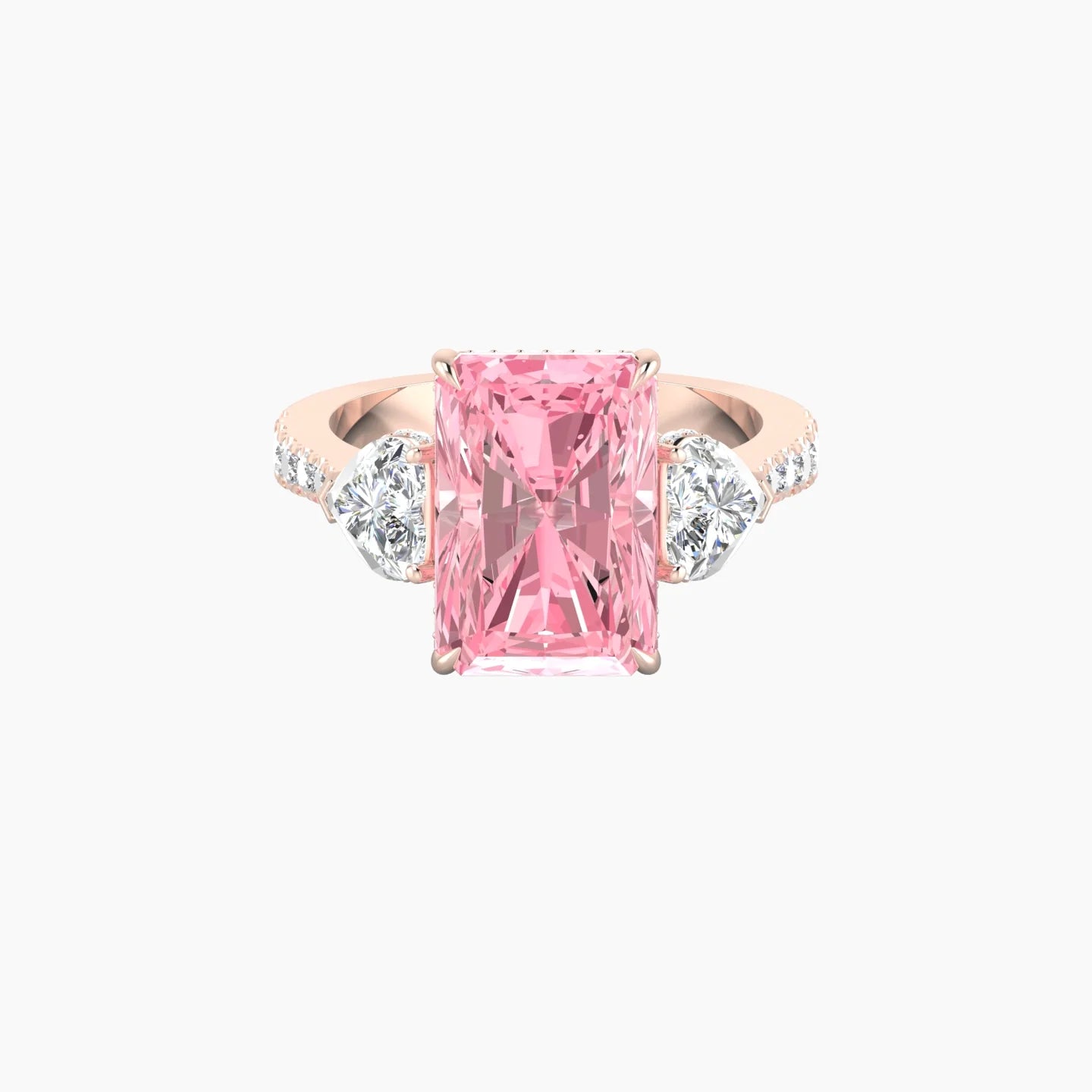 Intricate Heart Trilogy with Reverse Shank | 18k Rose Gold 5 ct Radiant White Lab Diamond Ring