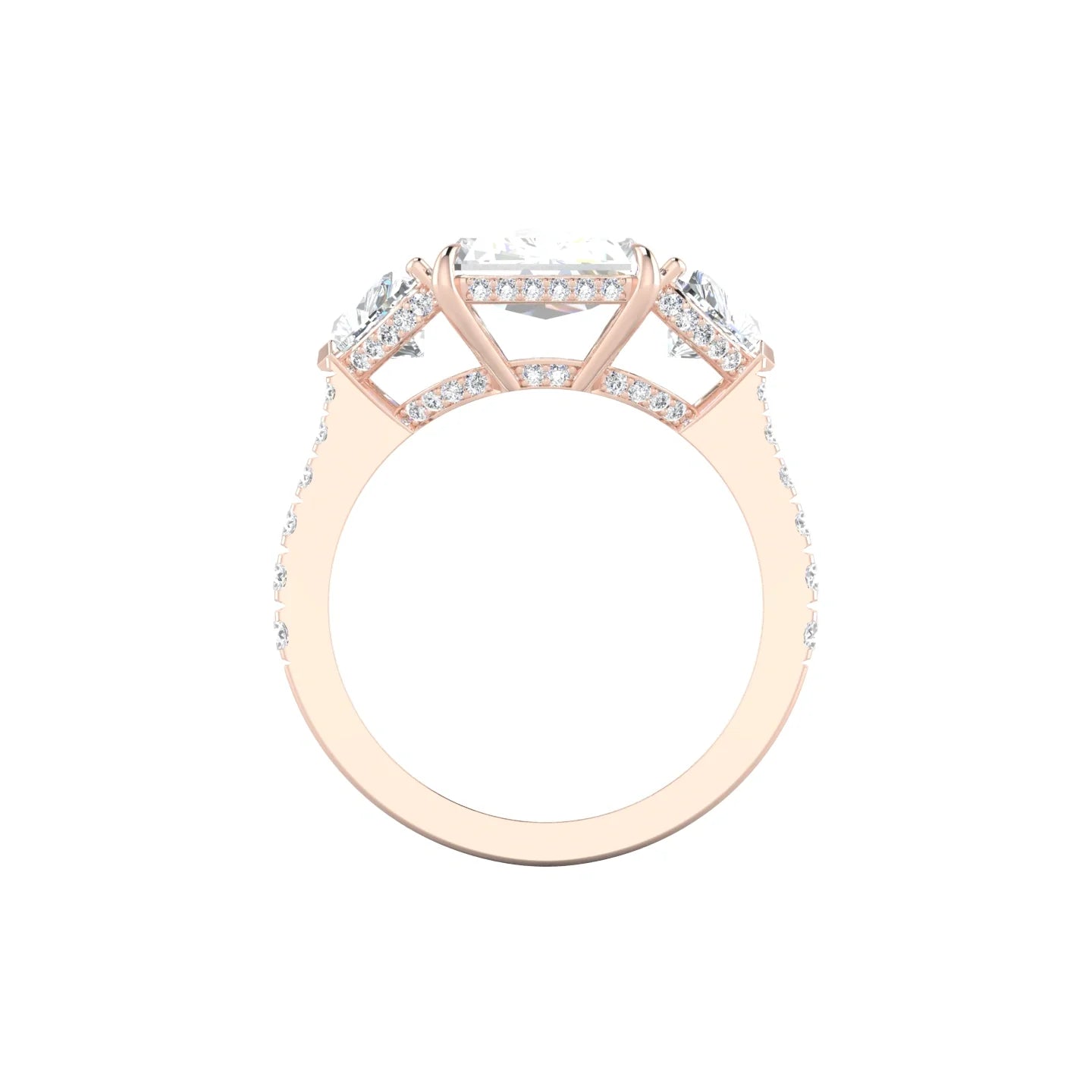 Heart Trilogy with Reverse Shank | 18k Rose Gold 5 ct Radiant Cut Ring