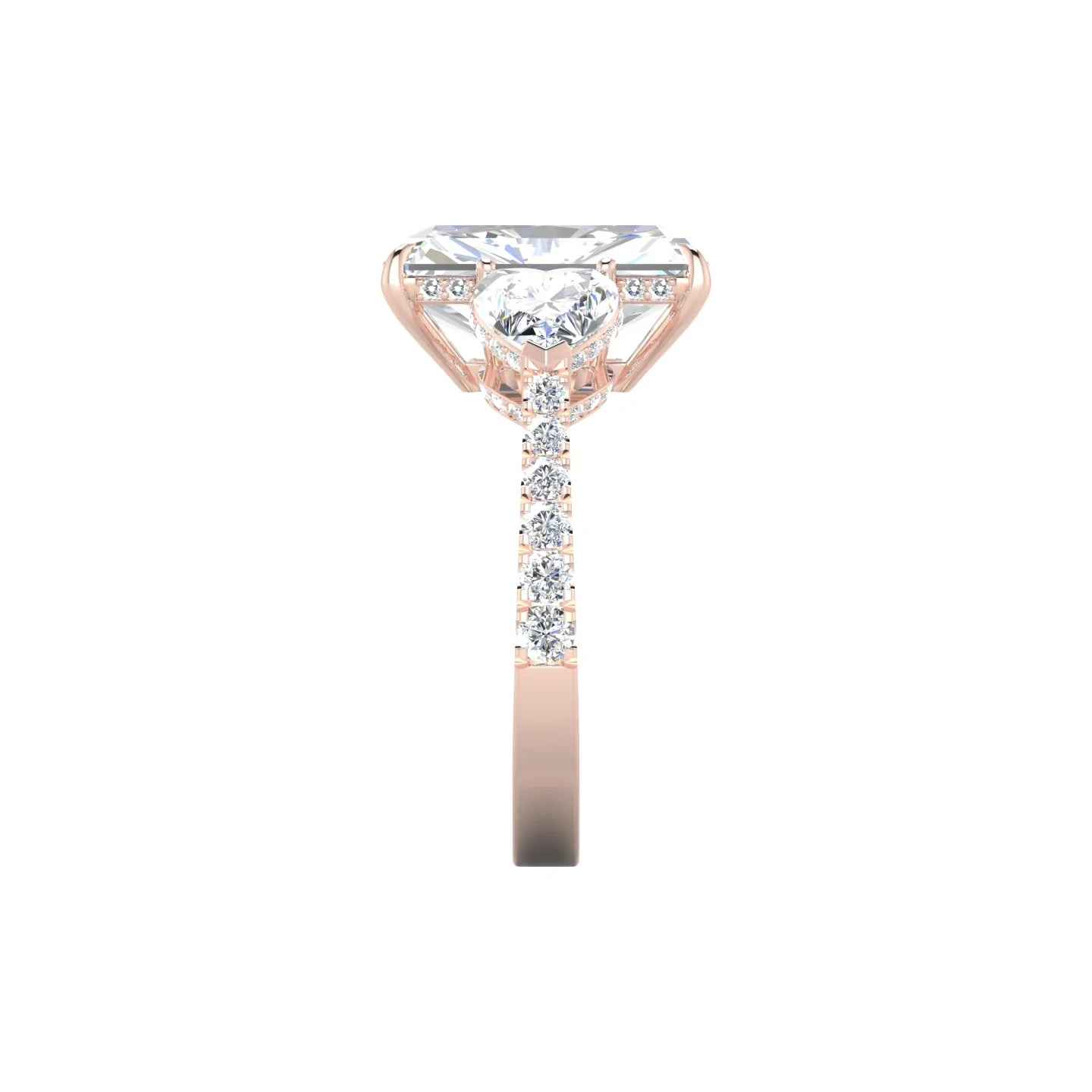 Heart Trilogy with Reverse Shank | 18k Rose Gold 5 ct Radiant Cut Ring