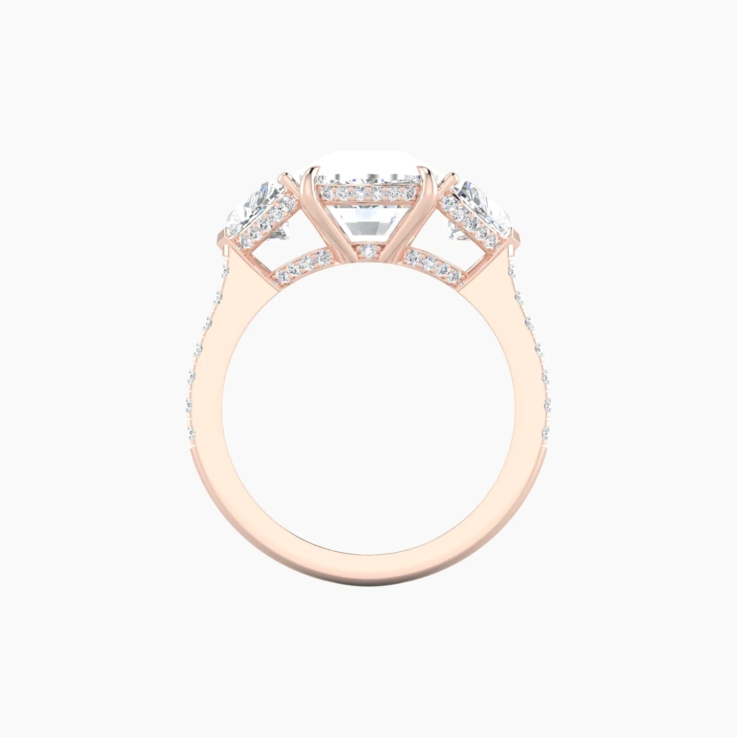 Intricate Heart Trilogy with Straight Shank | 18k Rose Gold 5 ct Cushion White Lab Diamond Ring