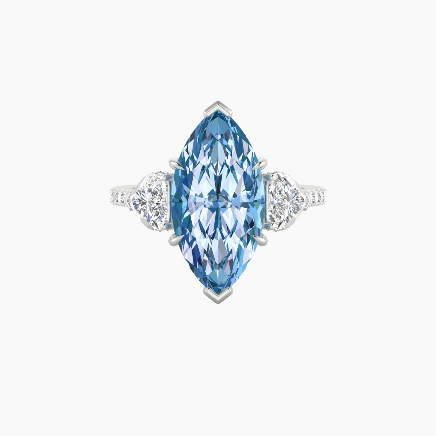 Intricate Heart Trilogy with Straight Shank | 18k White Gold 5 ct Marquise Blue Lab Diamond Ring