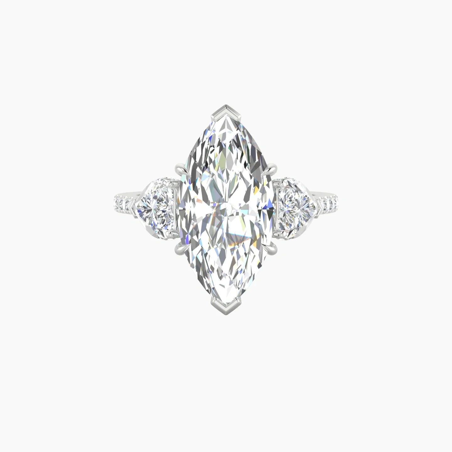 Intricate Heart Trilogy with Straight Shank | 18k White Gold 5 ct Marquise Blue Lab Diamond Ring