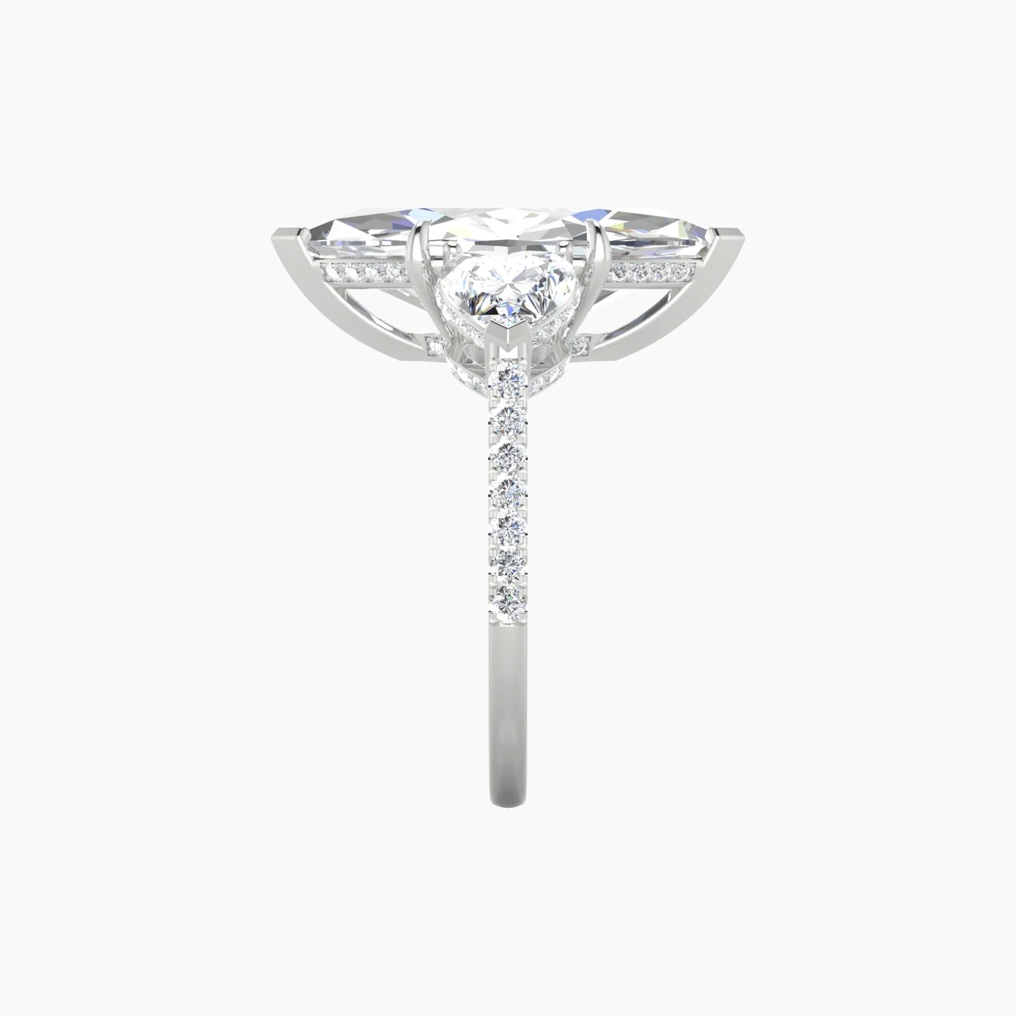 Intricate Heart Trilogy with Straight Shank | 18k White Gold 5 ct Marquise Blue Lab Diamond Ring