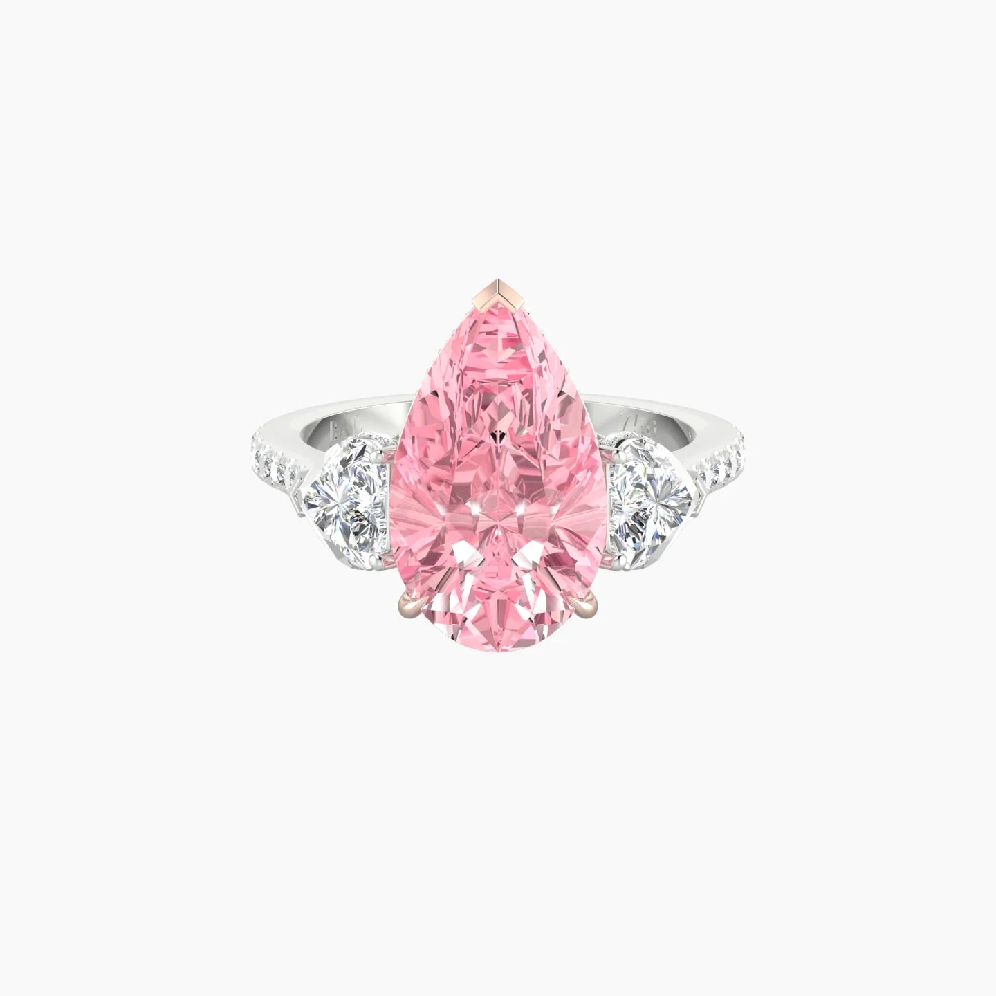 Intricate Heart Trilogy with Straight Shank | 18k White & Rose Gold 5 ct Pear Blue Lab Diamond Ring