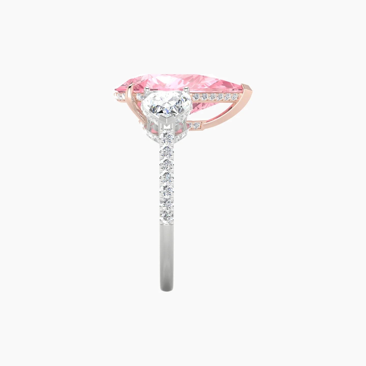 Intricate Heart Trilogy with Straight Shank | 18k White & Rose Gold 5 ct Pear Blue Lab Diamond Ring