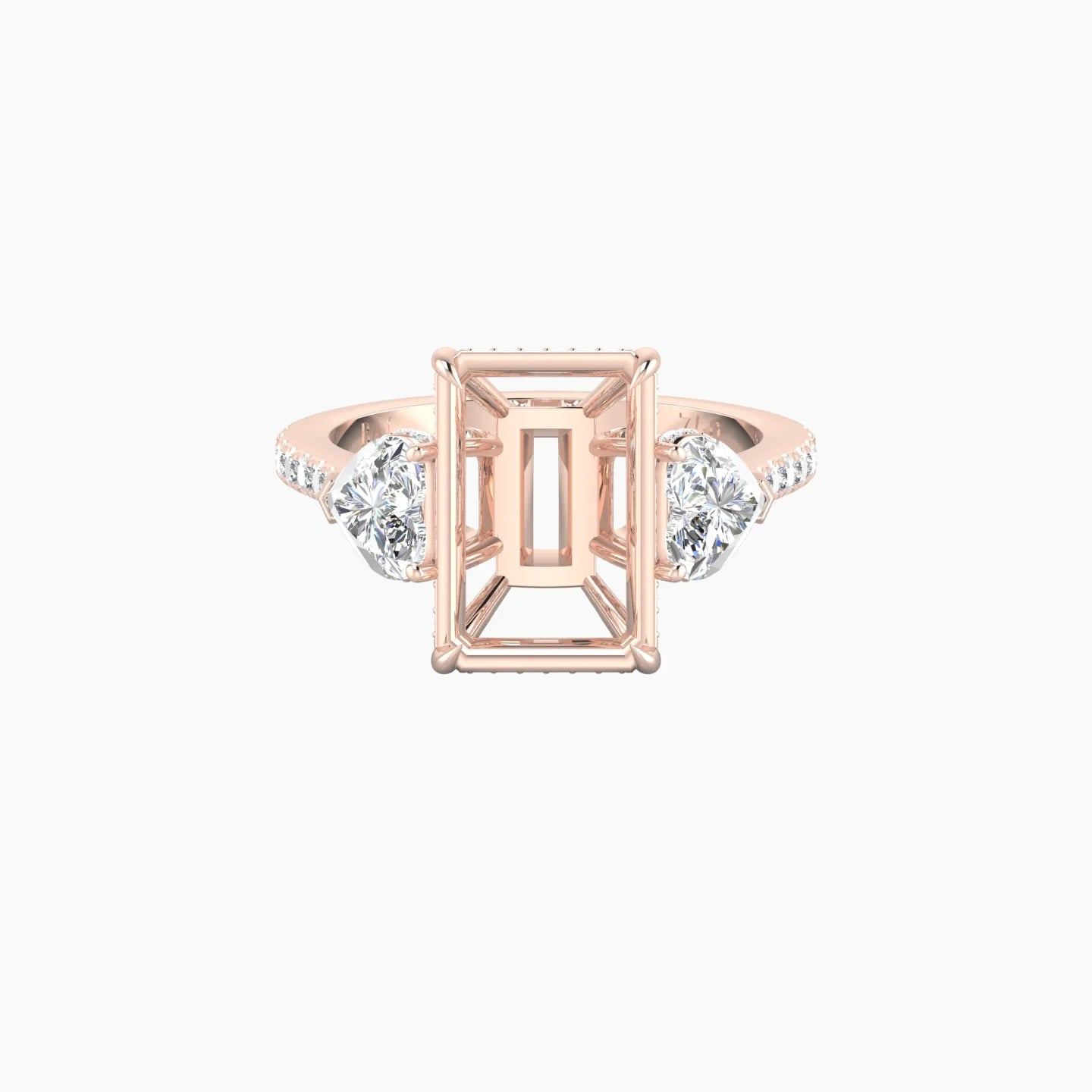 Heart Trilogy with Straight Shank | 18k Rose Gold 5-7.99 ct Radiant Cut Ring Setting