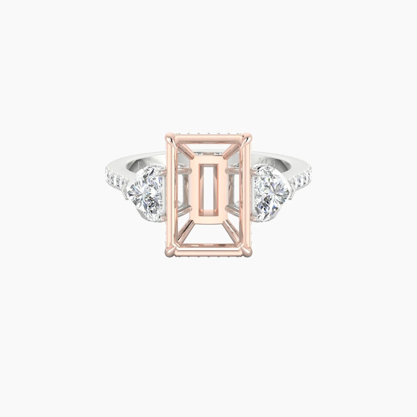 Heart Trilogy with Straight Shank | 18k White & Rose Gold 5-7.99 ct Radiant Cut Ring Setting