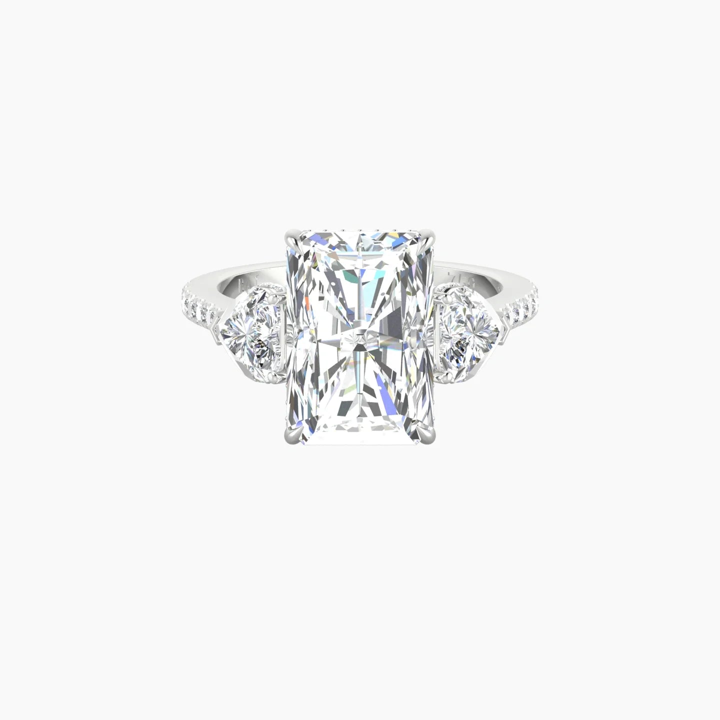 Intricate Heart Trilogy with Straight Shank | 18k White Gold 5 ct Radiant Blue Lab Diamond Ring