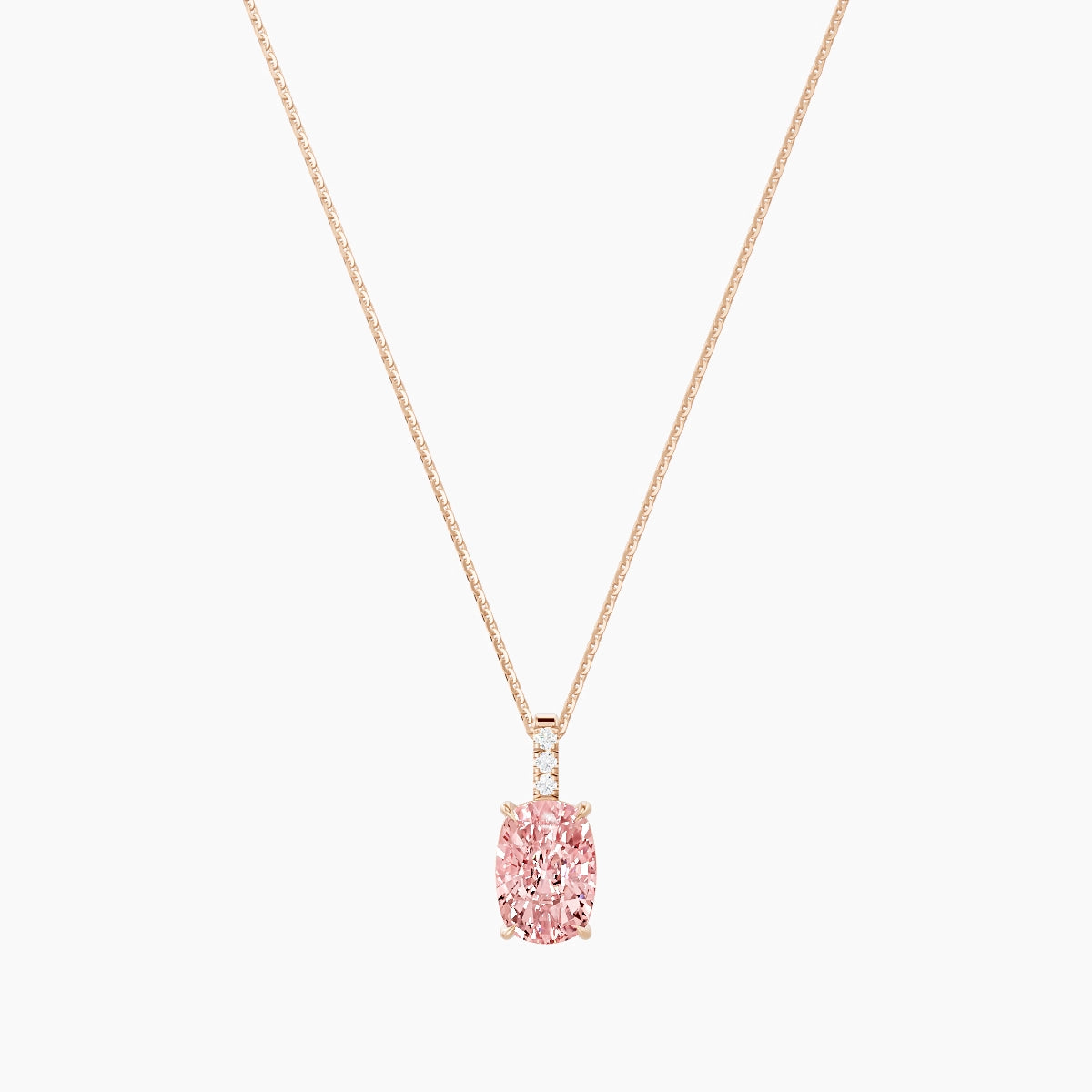 Paved Hanging Solitaire | 18k Rose Gold 3 ct Pink Lab Diamond Cushion Pendant
