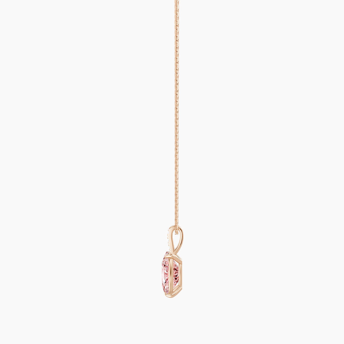 Paved Hanging Solitaire | 18k Rose Gold 3 ct Pink Lab Diamond Cushion Pendant