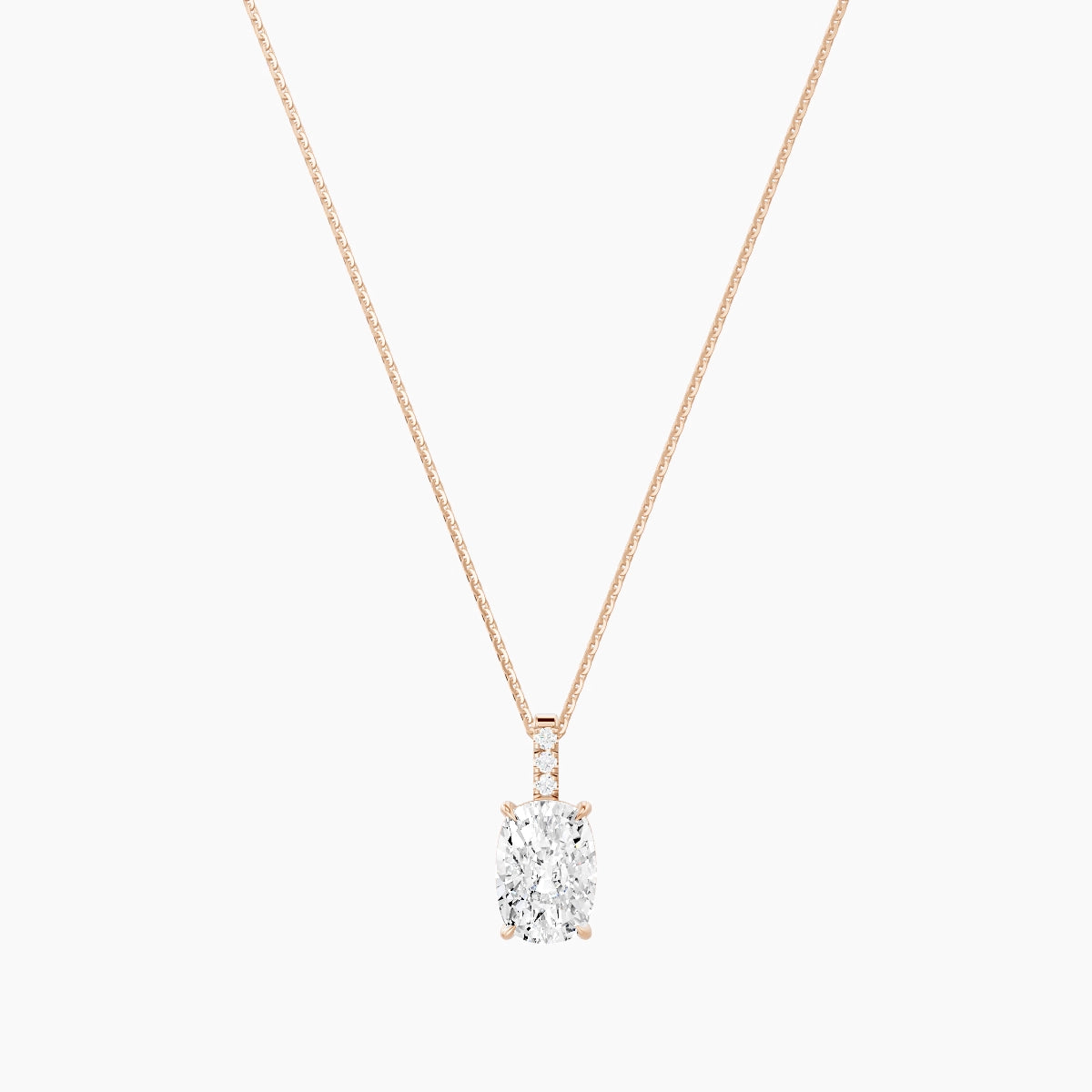 Paved Hanging Solitaire | 18k Rose Gold 3 ct White Lab Diamond Cushion Pendant