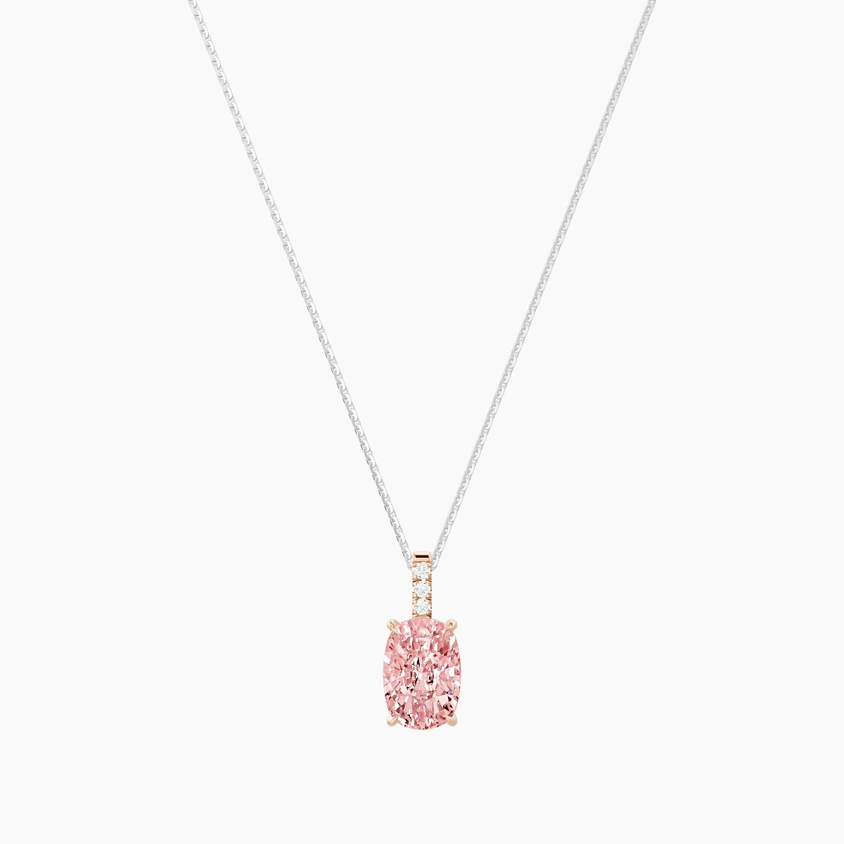 Paved Hanging Solitaire | 18k White & Rose Gold 3 ct Pink Lab Diamond Cushion Pendant