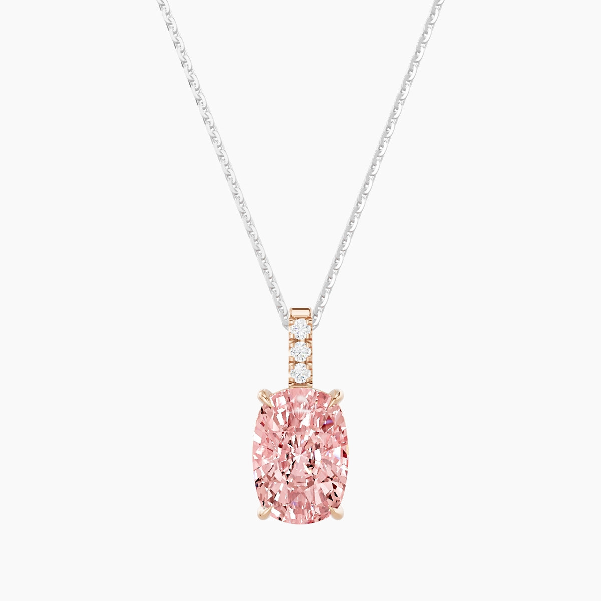 Paved Hanging Solitaire | 18k White & Rose Gold 3 ct Pink Lab Diamond Cushion Pendant