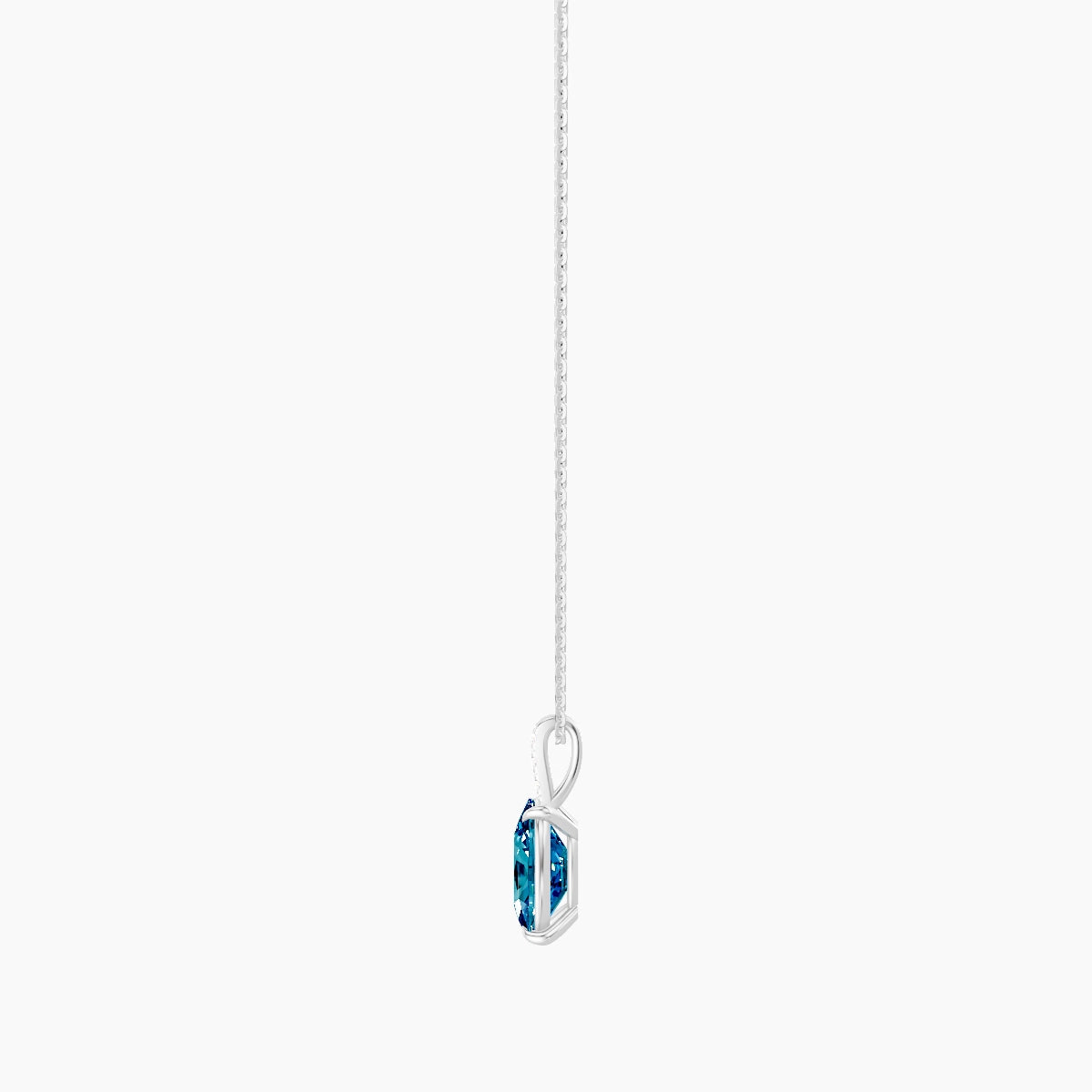 Paved Hanging Solitaire | 18k White Gold 3 ct Blue Lab Diamond Cushion Pendant