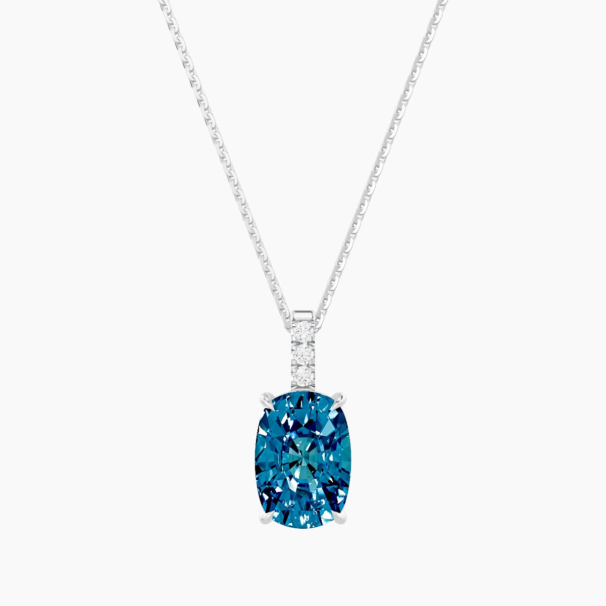 Paved Hanging Solitaire | 18k White Gold 3 ct Blue Lab Diamond Cushion Pendant