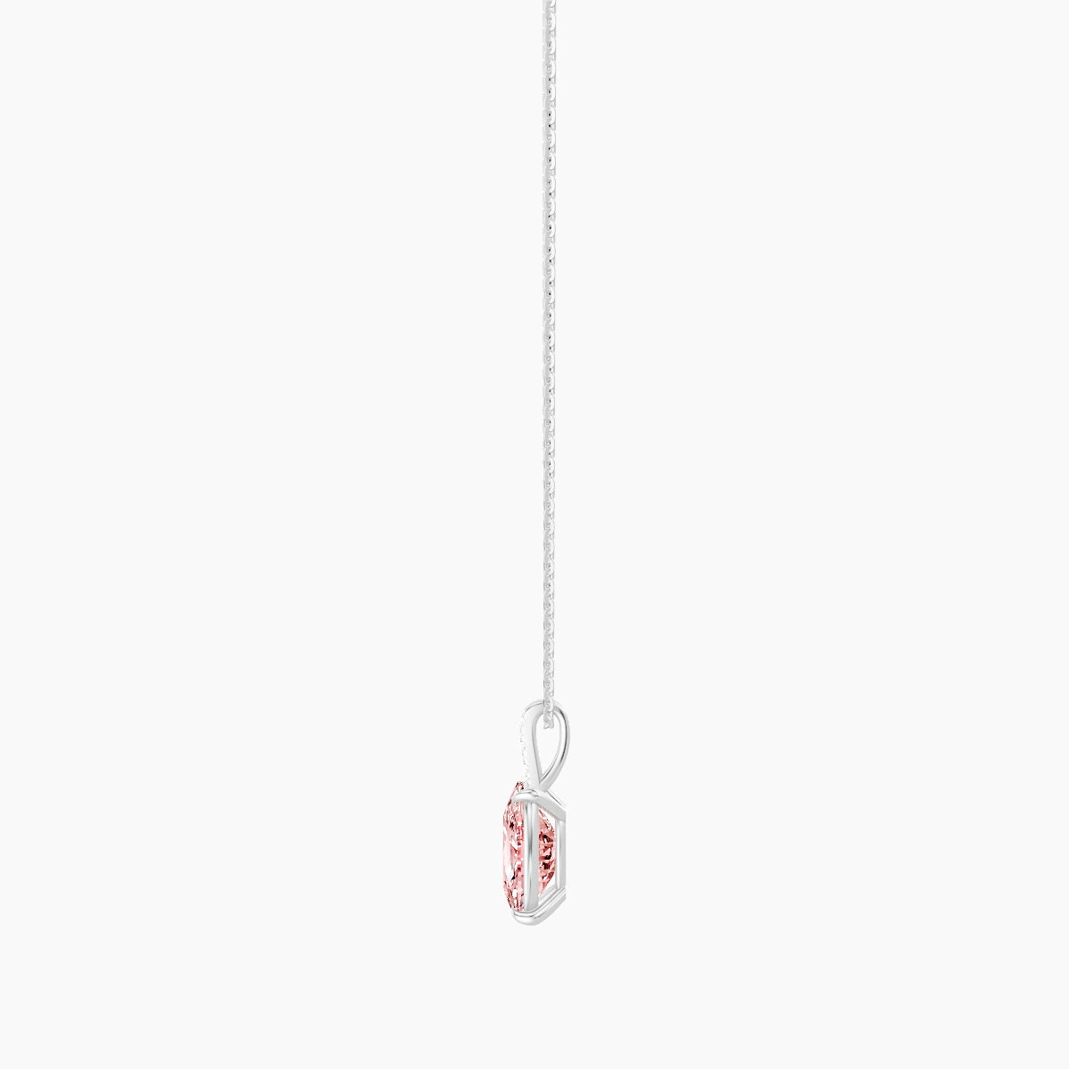 Paved Hanging Solitaire | 18k White Gold 3 ct Pink Lab Diamond Cushion Pendant