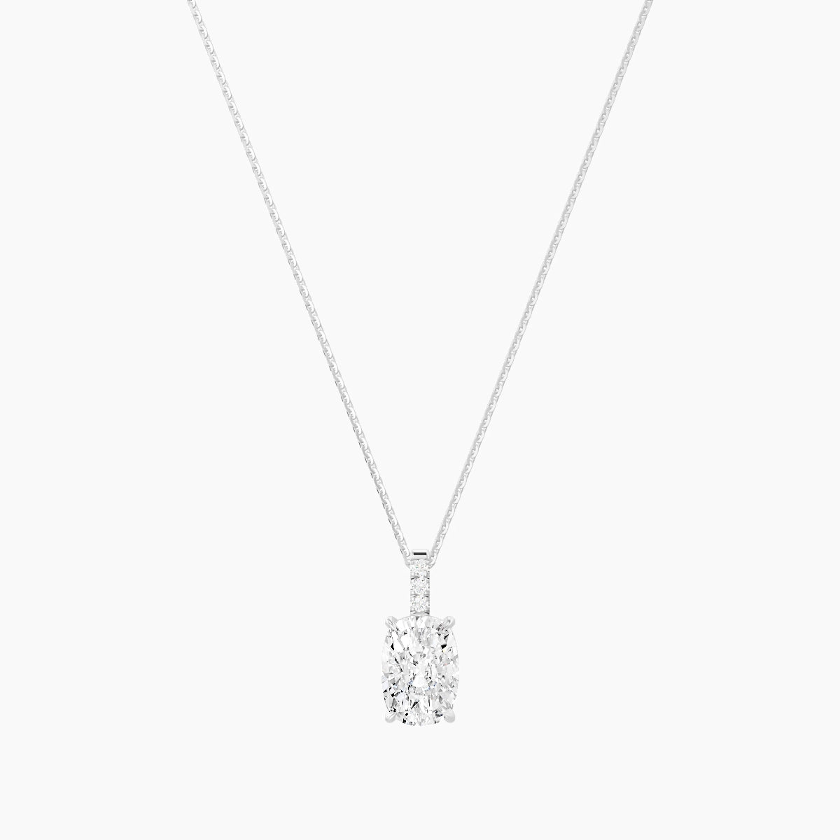 Paved Hanging Solitaire | 18k White Gold 3 ct White Lab Diamond Cushion Pendant
