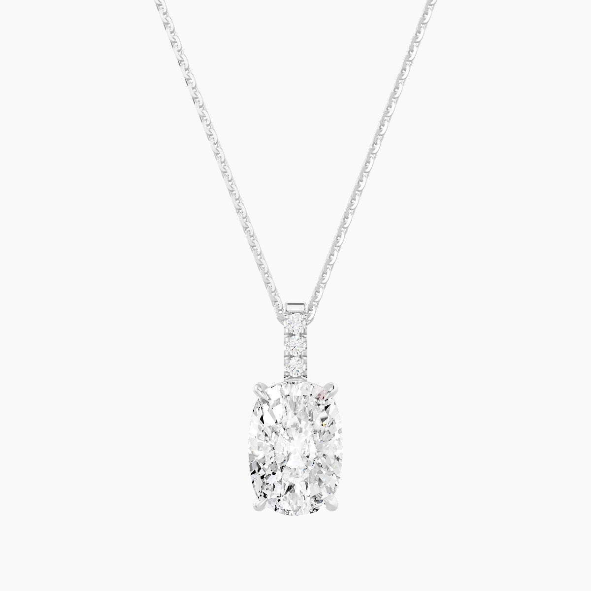 Paved Hanging Solitaire | 18k White Gold 3 ct White Lab Diamond Cushion Pendant