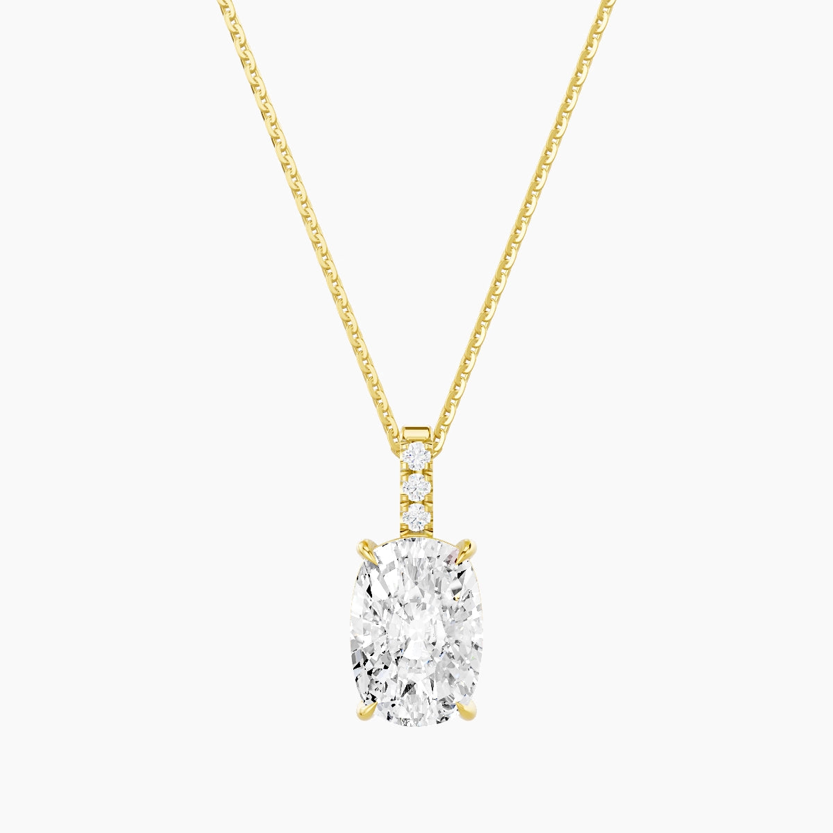 Paved Hanging Solitaire | 18k Yellow Gold 3 ct White Lab Diamond Cushion Pendant