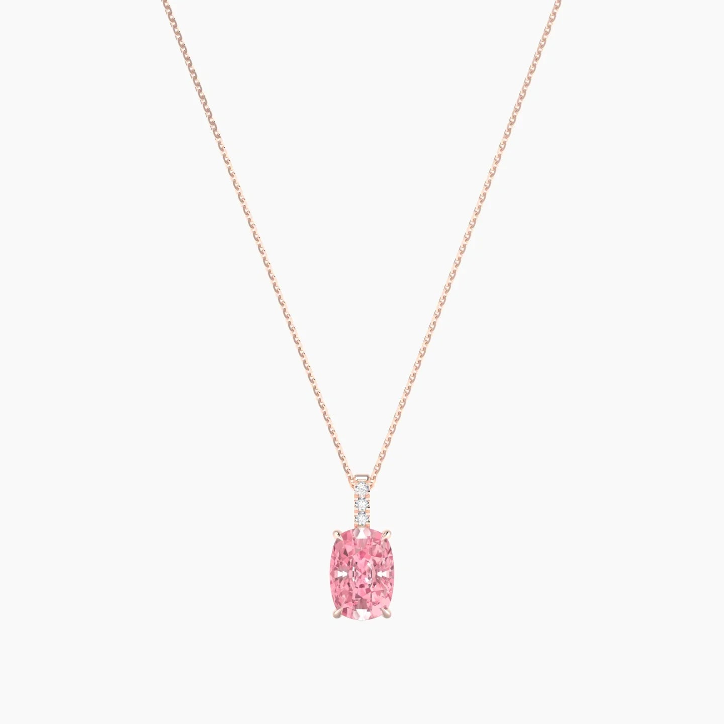 Paved Hanging Solitaire | 18k Rose Gold 3 ct Pink Lab Diamond Cushion Cut Pendant