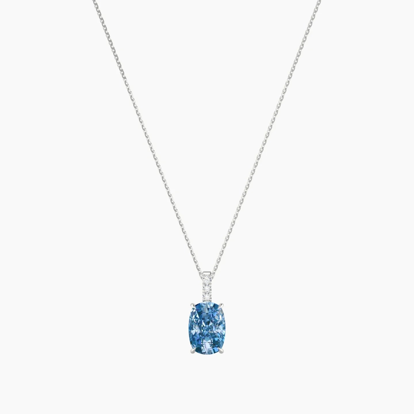 Paved Hanging Solitaire | 18k White Gold 3 ct Blue Lab Diamond Cushion Cut Pendant