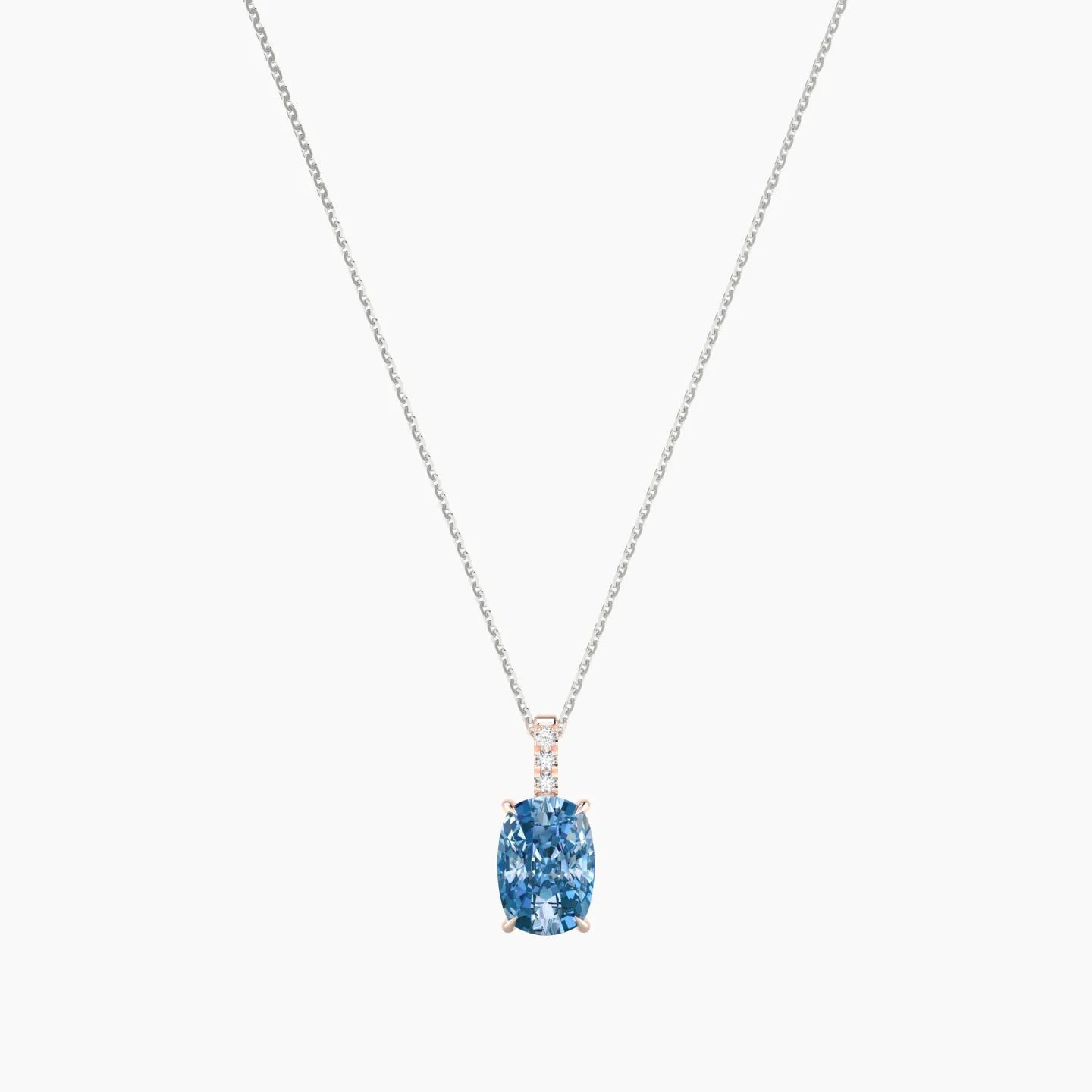 Paved Hanging Solitaire | 18k White & Rose Gold 3 ct Blue Lab Diamond Cushion Cut Pendant