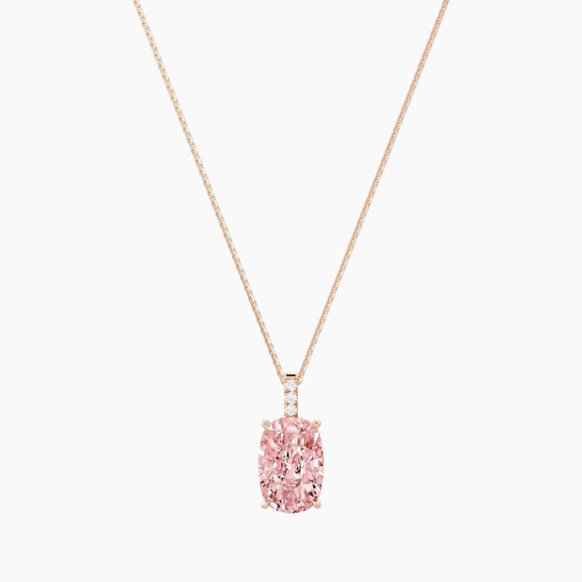 Paved Hanging Solitaire | 18k Rose Gold 5 ct Pink Lab Diamond Cushion Pendant