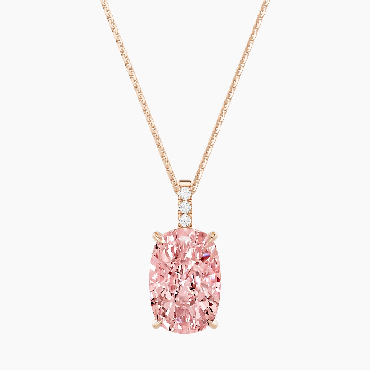 Paved Hanging Solitaire | 18k Rose Gold 5 ct Pink Lab Diamond Cushion Pendant
