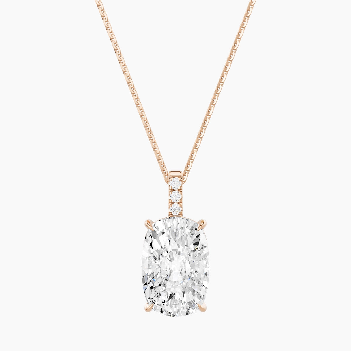 Paved Hanging Solitaire | 18k Rose Gold 5 ct White Lab Diamond Cushion Pendant